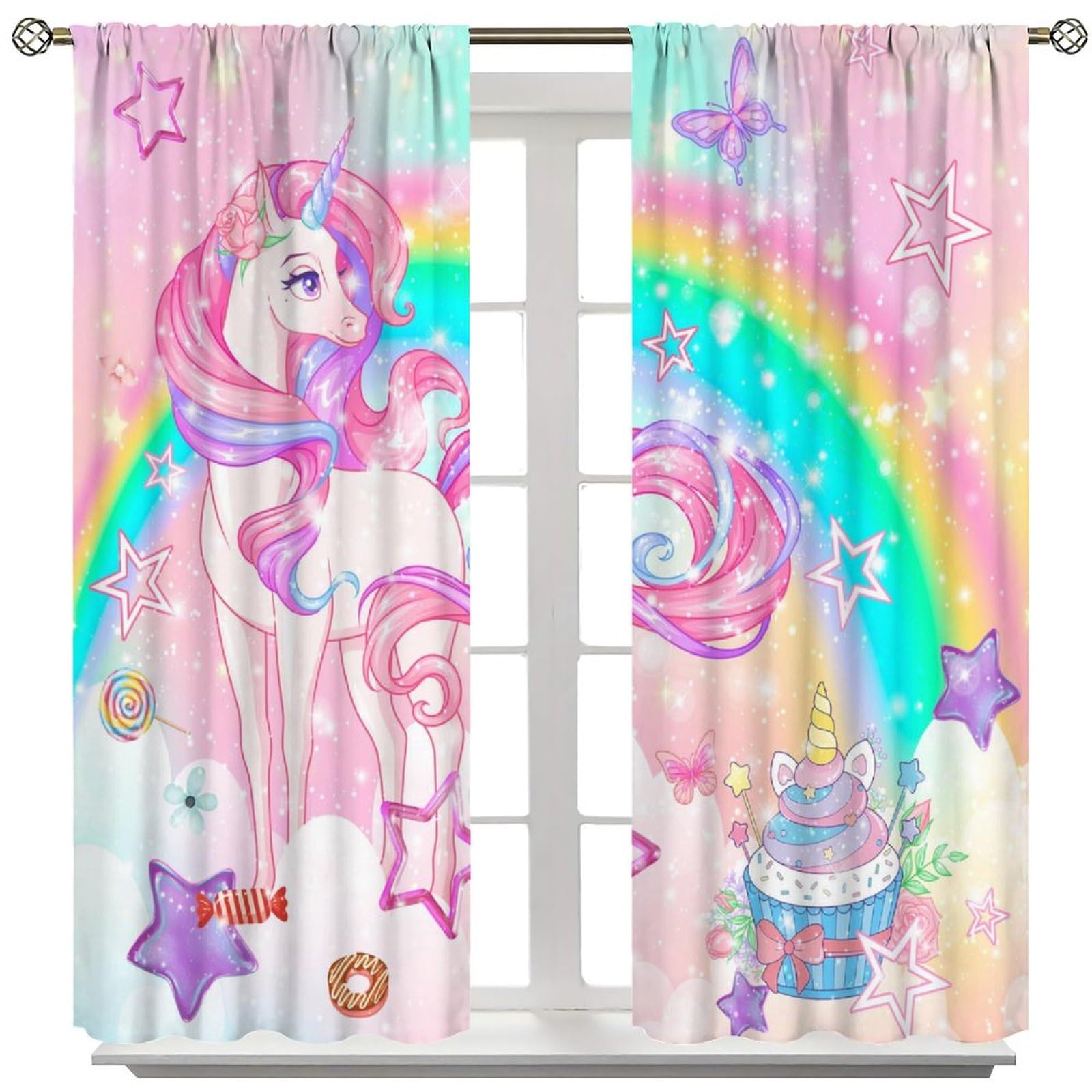 AAVEUP Unicorn Blackout Curtains for Girls Dream Ombre Rainbow Pink Gold Princess Unicorn Colorful Cake Stars Window Drapes Print for Kids Baby Nursery Bedroom Living Room 52x96in