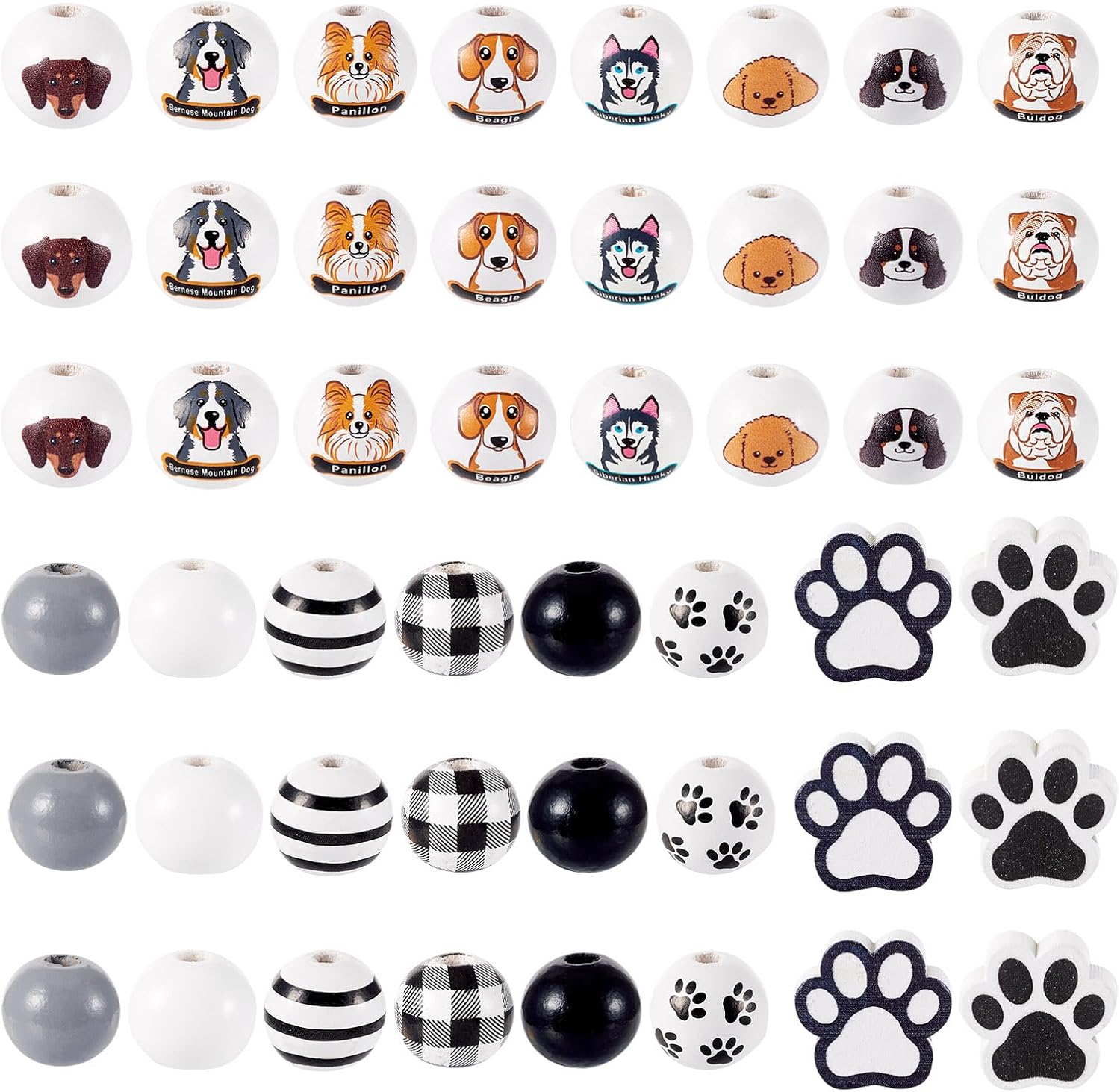 230Pcs Dog Theme Print Beads Dog Paw Printed Wooden Beads Puppy Spacer Beads Colored Dog Head Wooden Beads 16mm Round Wood Spacer Beads for Jewelry Making Holiday Party Decoration