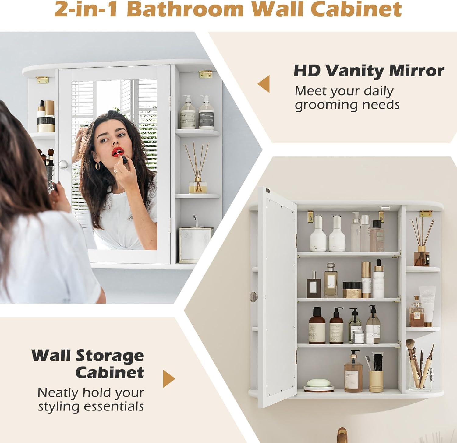 RELAX4LIFE Bathroom Wall Cabinet with Mirror - Medicine Cabinet w/Door & Open Shelves, Over The Toilet Storage Cabinet Organizer, Mirrored Bathroom Cabinet Wall Mount (White)