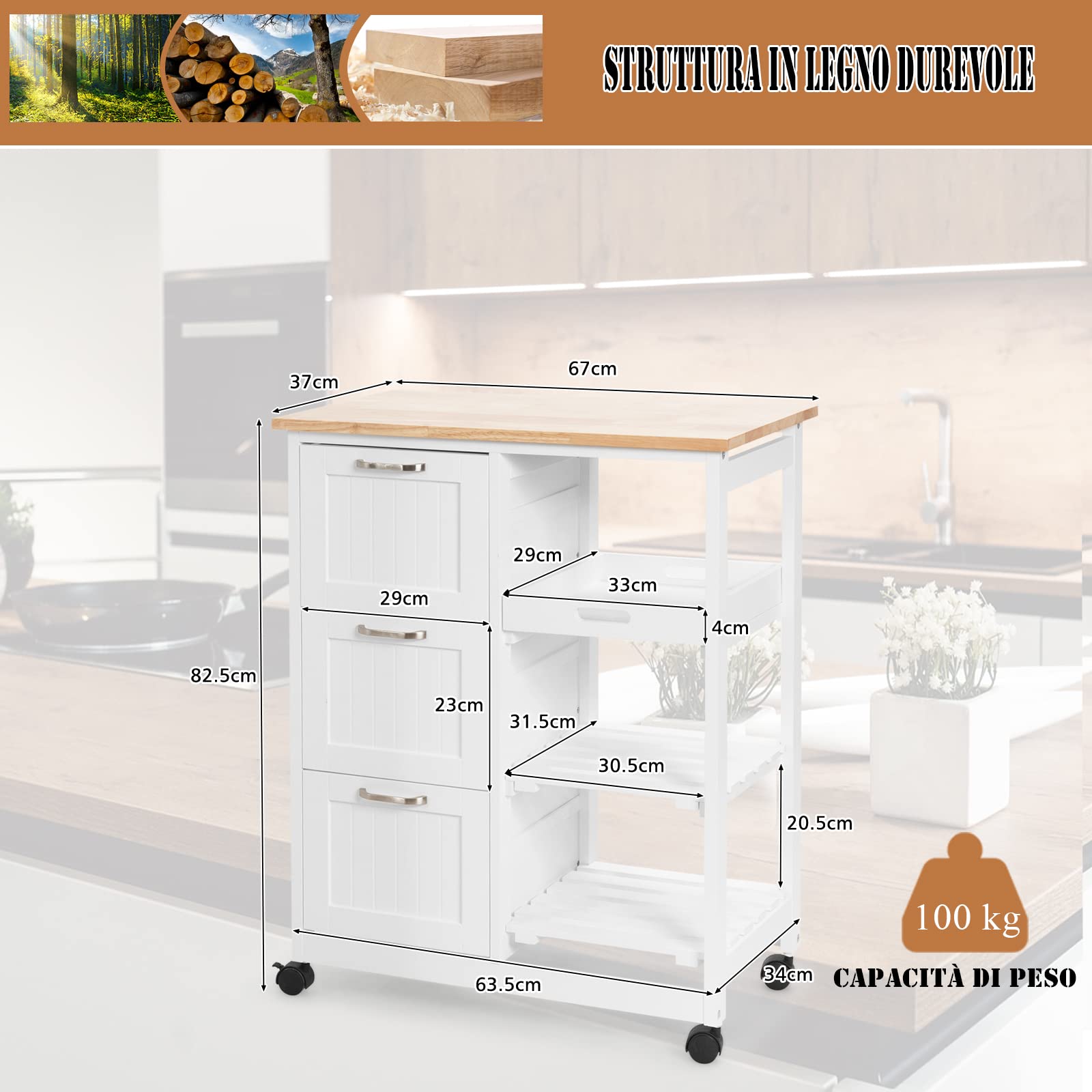 RELAX4LIFE Carrello da Cucina con Ruote Girevoli, Credenza Portaoggetti in Legno Robusto con 3 Cassetti e 3 Ripiani, Carrello di Servizio Pratico e Salvaspazio per Sala da Pranzo (Bianco)
