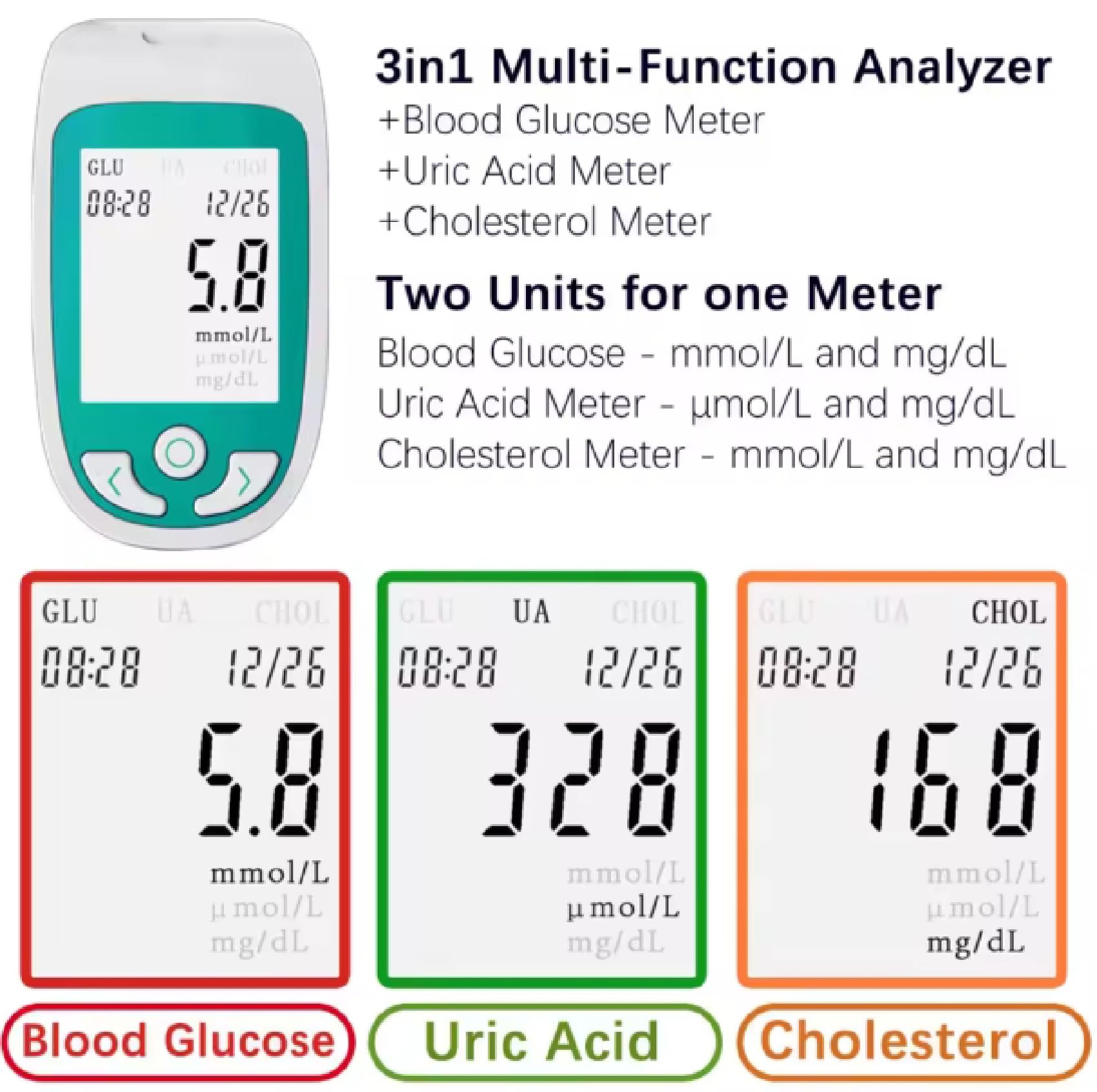 Kit test per il benessere domestico, analizzatore 3 in 1 per glucosio, acido urico, monitor del colesterolo con strisce reattive, rilevamento accurato, adatto per uso domestico, clinico e ospedaliero