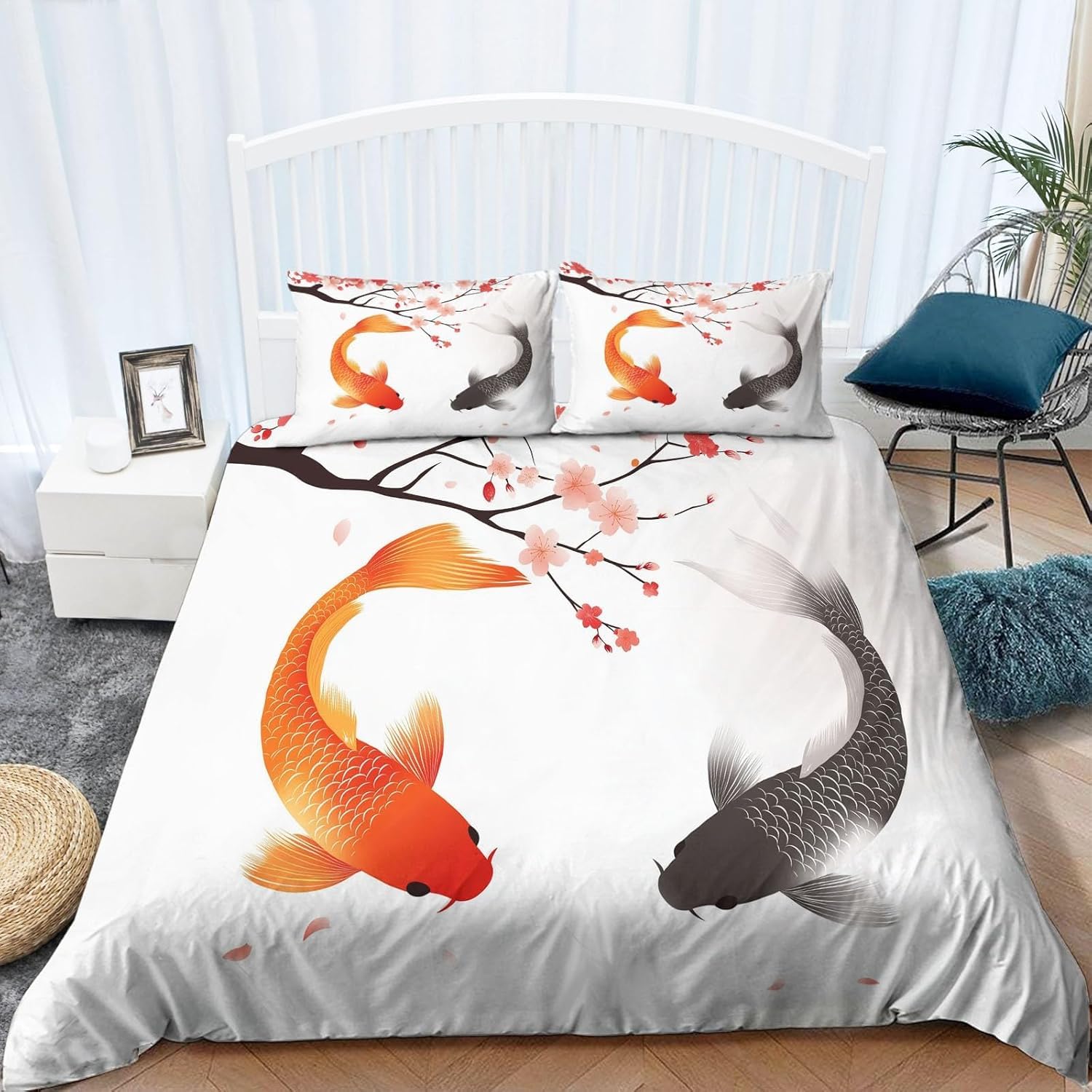 Poszwa na kołdrę 180 Ryby i Śliwy Kwiat Miękka mikrofibra Pościel 3 szt. Poszewki na kołdry 3D Obraz tuszem Chiny Edredon 240x260 cm i 2 poszewki na poduszki 50x75 cm d.2800
