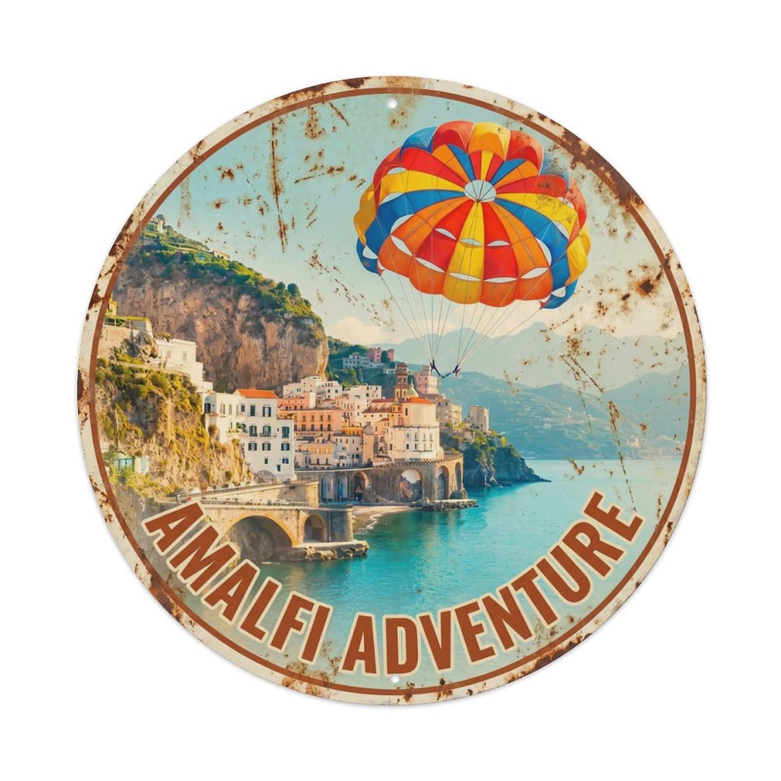 Amalfi Parasailing Adventure Retro Travel Italian Coast Metal Tin Sign Plaque Wall Decor for Cafe, Man Cave, Club Bar, Office, Home Garden Round Metal Poster 8x8Inch