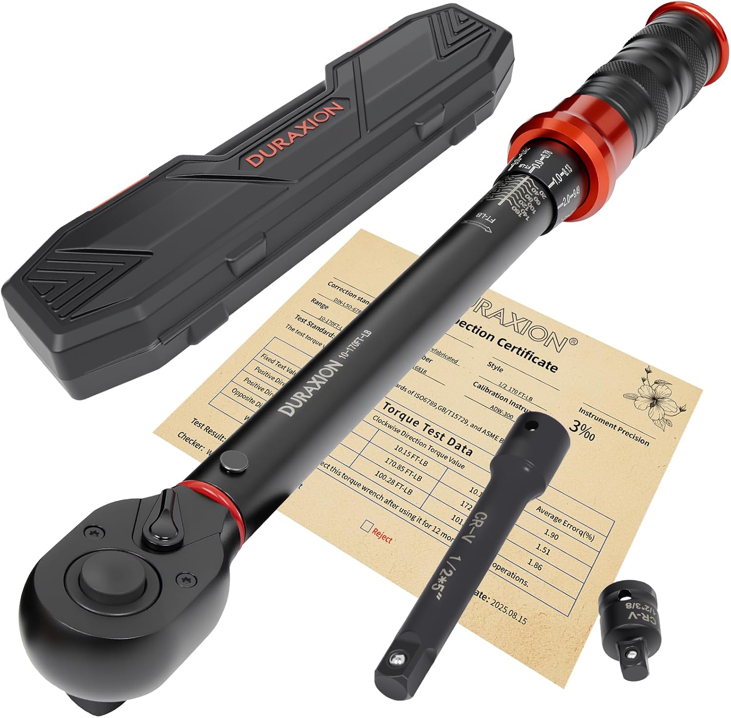 1/2-Inch Drive Torque Wrench 10-170ft.lb/13.6-230.5Nm, 3% Precision Dual Range Scales Adjustable, 1/2 Drive Torque Wrench 72-Tooth with 1/2" 5" Extension Bar, 1/2" to 3/8" Adapter