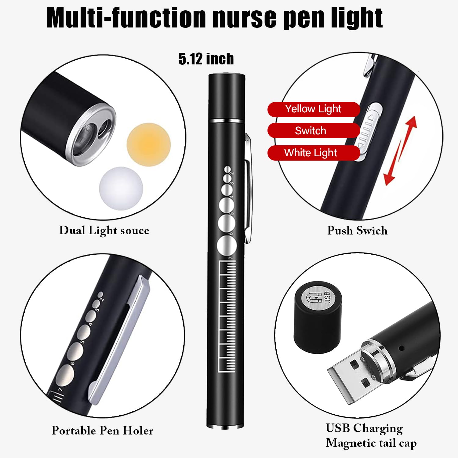 PEAKRO Lampada diagnostica, lampada per pupilla medica, ricaricabile, USB, luce a 3 colori, lampada a LED portatile con clip da tasca per infermieri, studenti, medici