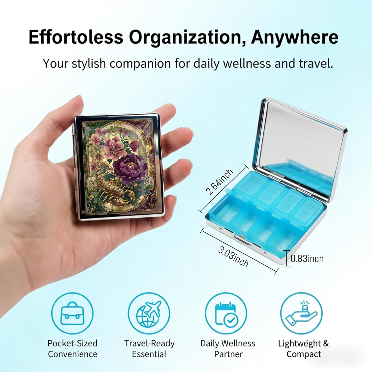 Weekly Pill Organizer, Metal Pill Box with 8 Compartments, Small Travel Pill Case for Purse Pocket, Medicine Vitamin Supplement Organizer (Scorpion Garden)