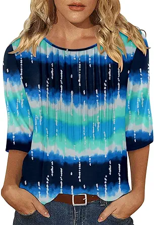 KISSMODA Tunic Tops for Women Loose Fit Dressy Round Neck Pleated 3/4 Length Sleeve Spring Tops