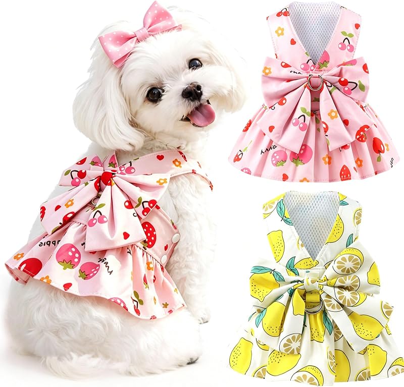 Vestido com Peitoral para Cães Pequenos e Gatos TENGZHI com Estampas de Morango e Limão, Laço e Argola D, Pacote com 2