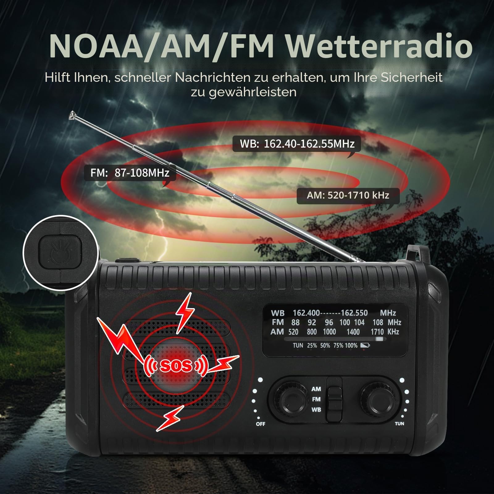 Notfallradio, Crank Wetterradio, 20000mAh Solarradio, Hand Kurbelradio mit AM/FM/NOAA, tragbares Radio mit Taschenlampe und Leselampe, Kopfhöreranschluss, SOS-Alarm, Handy-Ladegerät für Notfälle