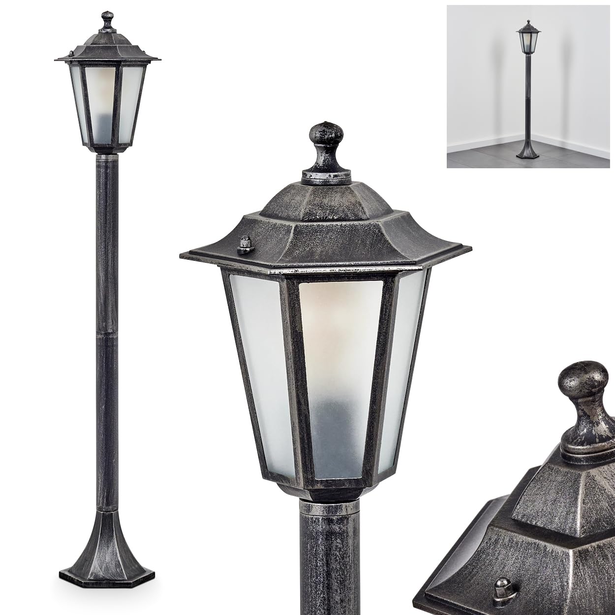 HOFSTEIN Lampa zewnętrzna Loria, oświetlenie ścieżki z metalu/szkła w kolorze czarno-srebrnym/białym, lampa zewnętrzna o wyglądzie antycznym, 99 cm, lampa ogrodowa, oświetlenie ogrodowe IP44, 1 x E27,