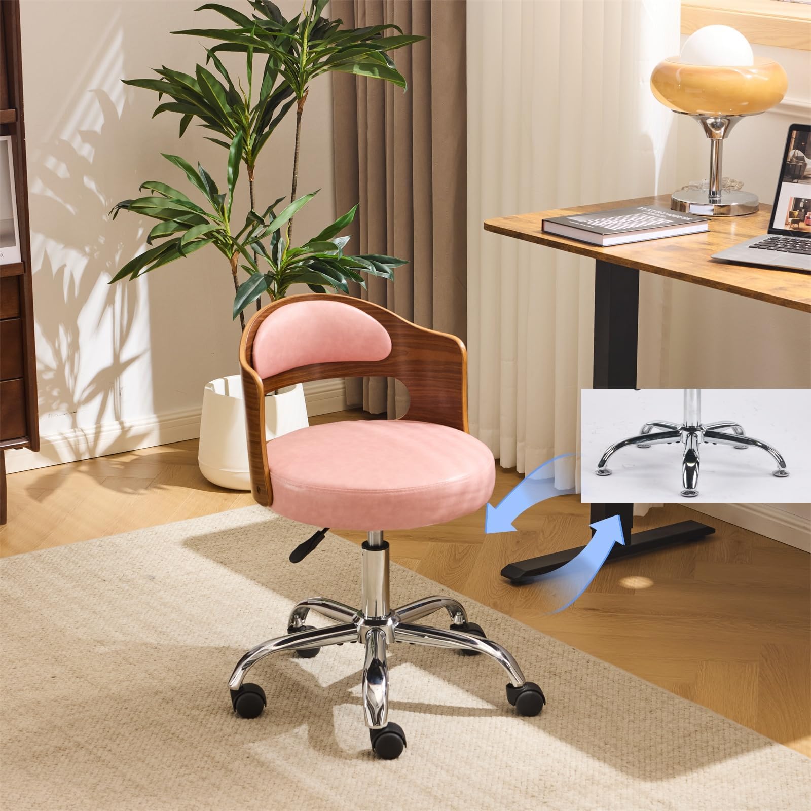 Bonnlo Elegant Comfy Vanity Chair with/no Wheels Small Office Desk Chair Mid Century Walnut Swivel Dressing Table Ch With Adjustable Height for Home Office, Bedroom, Dressing Room, PU (Pink)