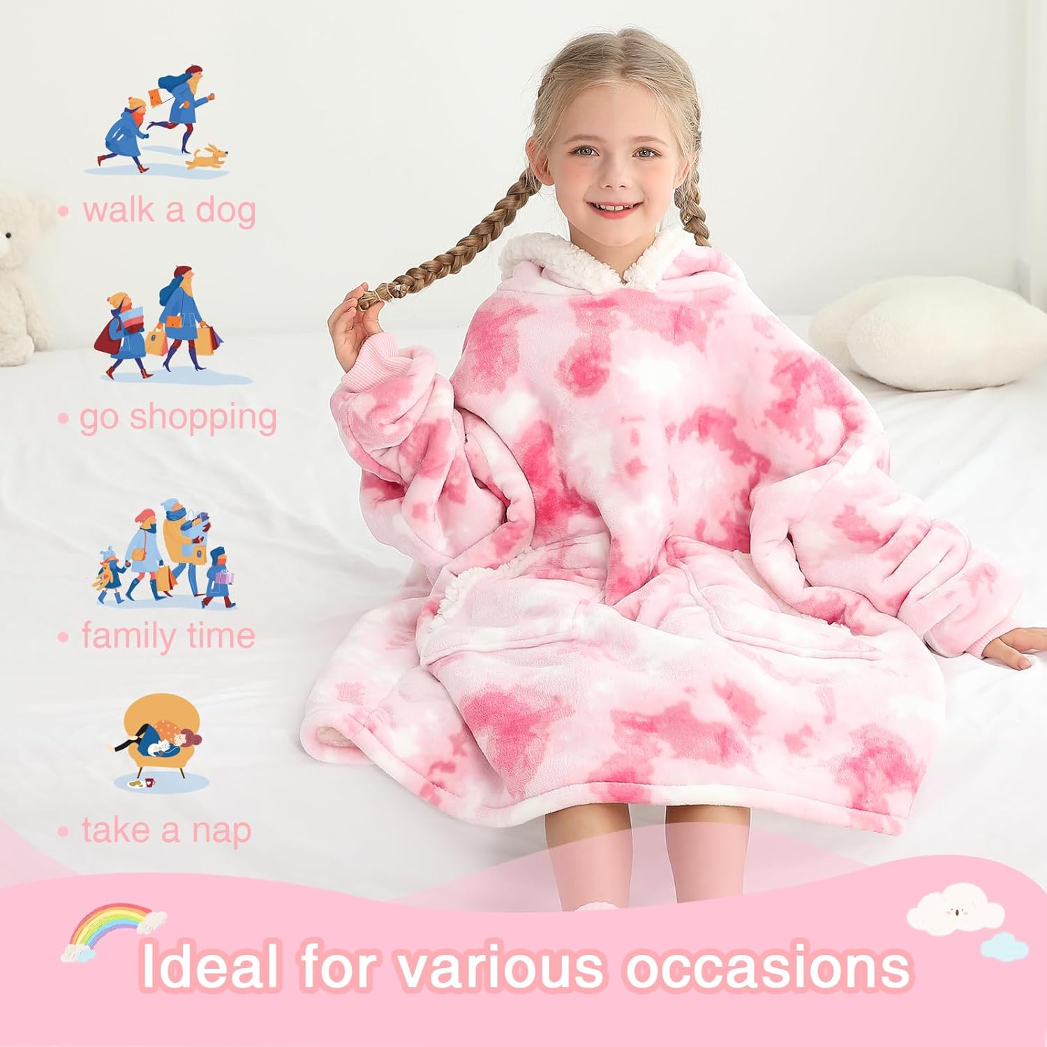 Kipswiza Wearable Blanket Hoodie for Kids 6-12 Birthday Gifts, Soft Warm Sherpa Oversize Blankets Sweatshirt for Girls Boys - Pink Tie Dye - Image 3