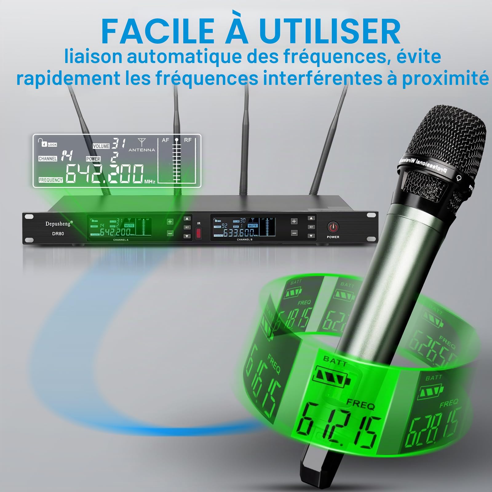 Depusheng DR80 Microphone sans Fil Professionnel UHF pour la scène Microphone sans Fil Dynamique Double à Main Haute fidélité 150 mètres de Distance de réception Karaoké Mariage Bar