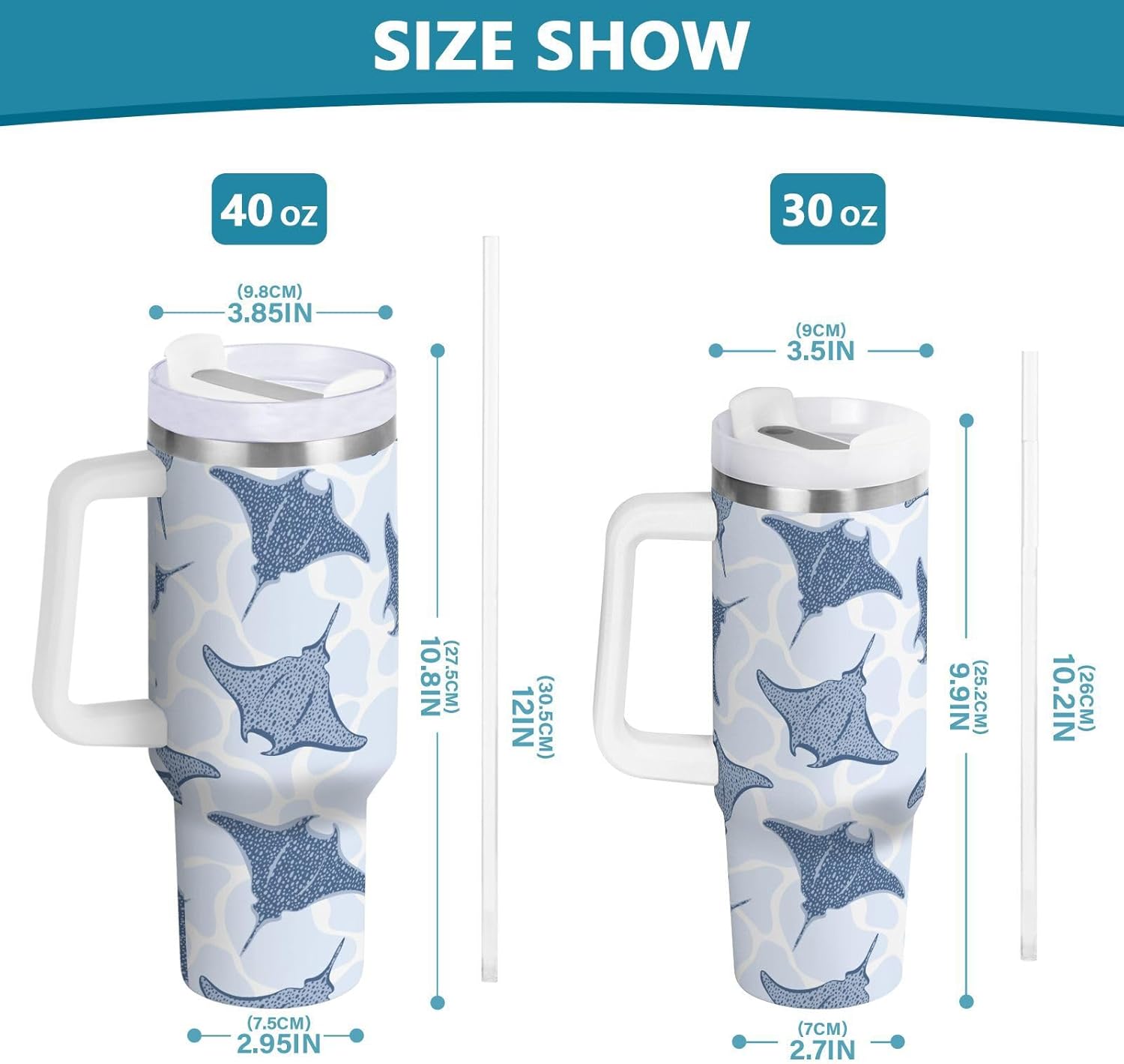 30 oz Tumbler Stingray Fishes Insulated Travel Mug Stainless Steel Vacuum with Handle and Straw Lid Coffee Cup Tea Water Bottles for Sports Work Car Travel Hot Cold Drink