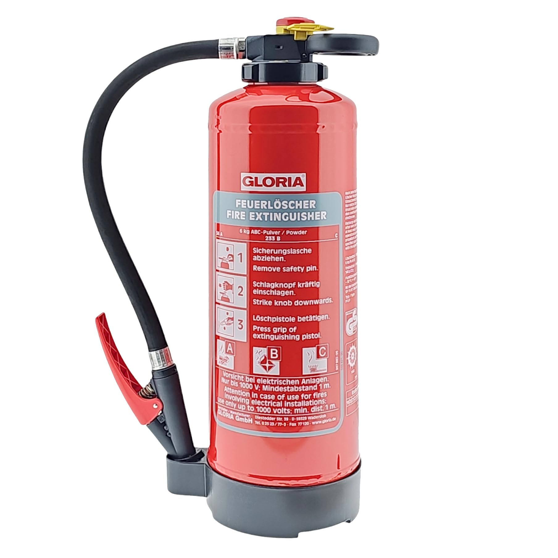 Gloria P6PRO – 6 kg Auflade-Pulver Feuerlöscher (ABC) mit Wandhalter – inkl. Instandhaltungsnachweis und aktueller Prüfplakette