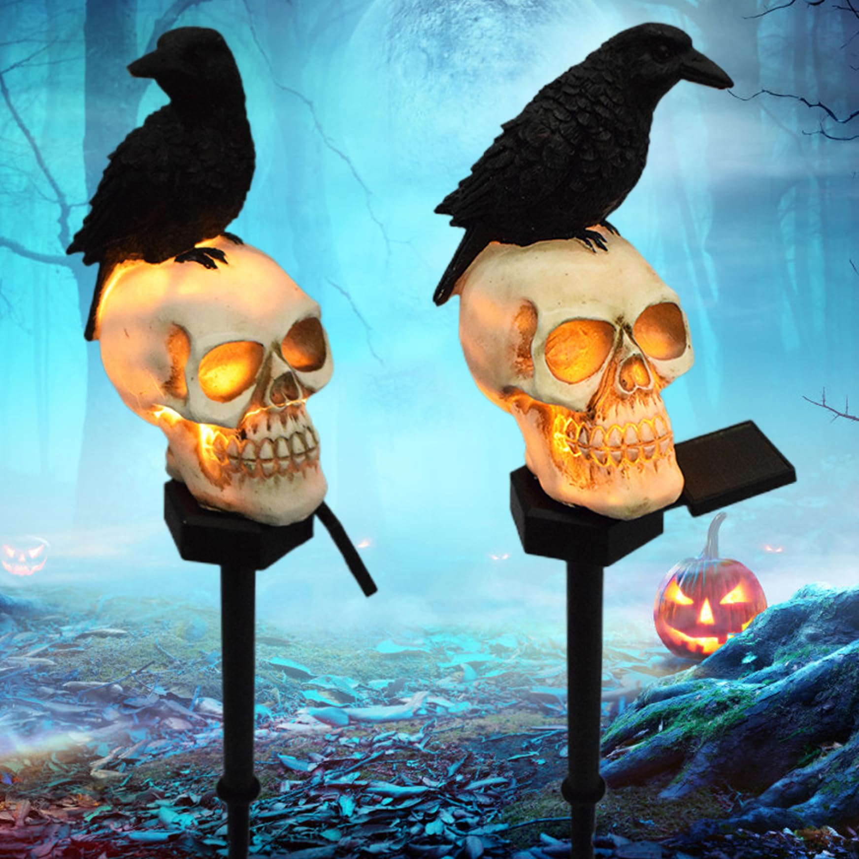 Luces solares de Halloween para exteriores, juego de 2 luces solares de cuervo en calavera, luces solares de Halloween con estaca, impermeables, luz LED blanca cálida, decoraciones de