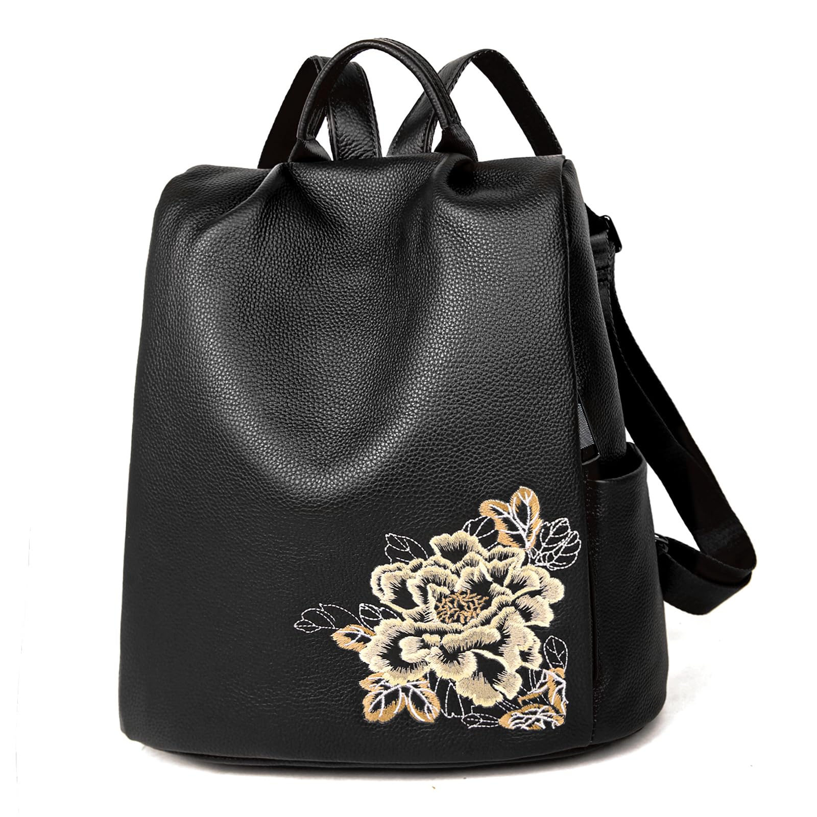 BOYATU Genuine Leather Backpack for Women: Elegant Floral Designer Purse - Small Shoulder Bag for Travel (Black)