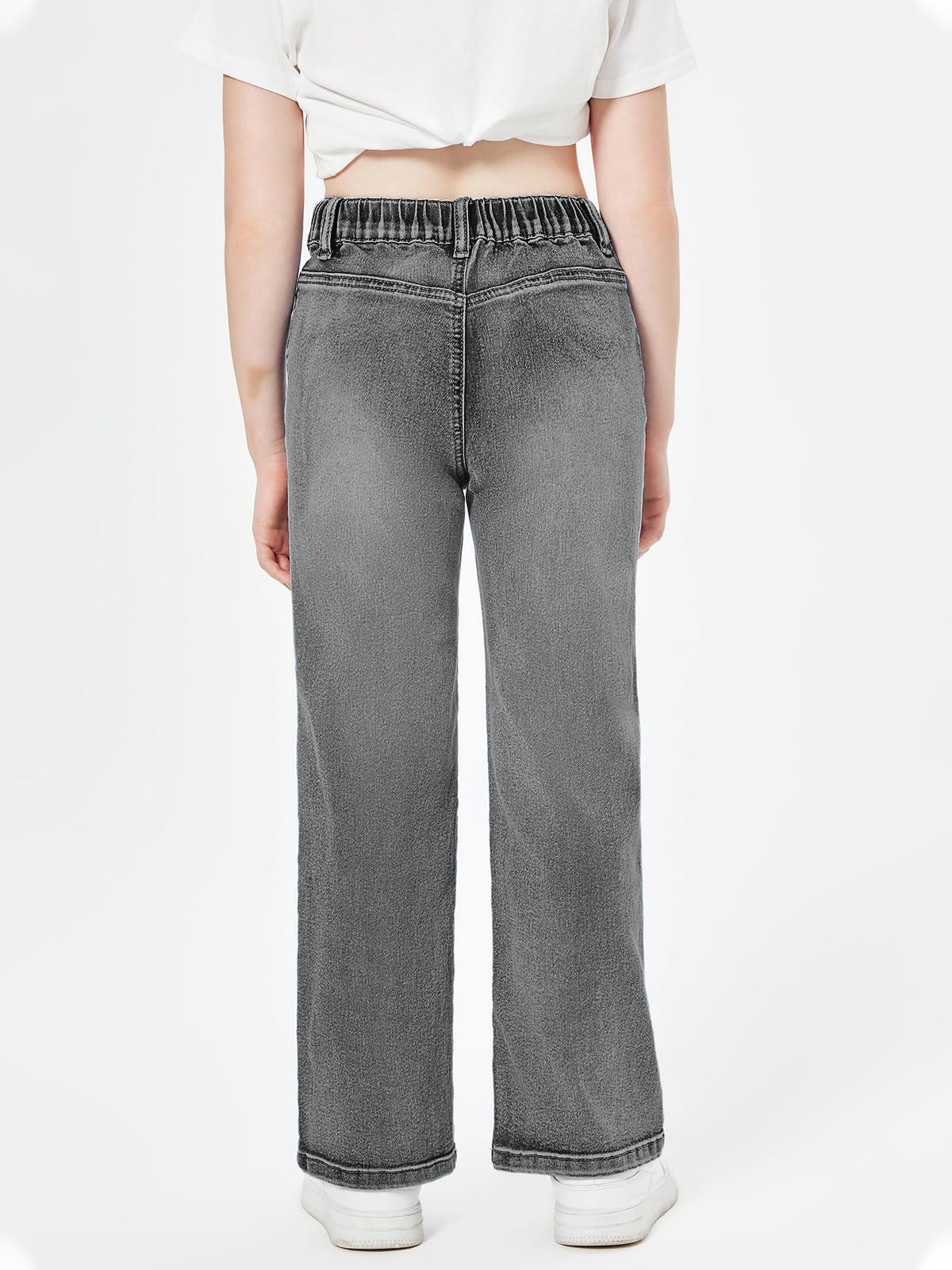 Haloumoning Jeans de cintura alta para niñas, pierna recta, elásticos, pantalones casuales con bolsillos