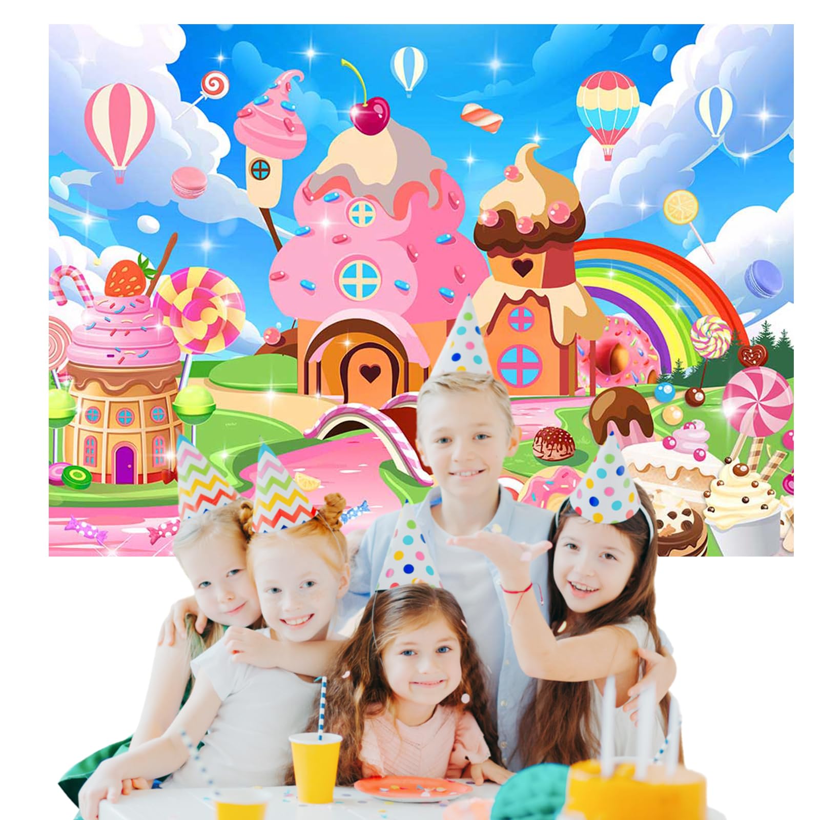 Candyland-Fotohintergrund – Lutscher & Regenbogen-Design, Vinyl, 2,1 M Breit, Für Kindergeburtstage