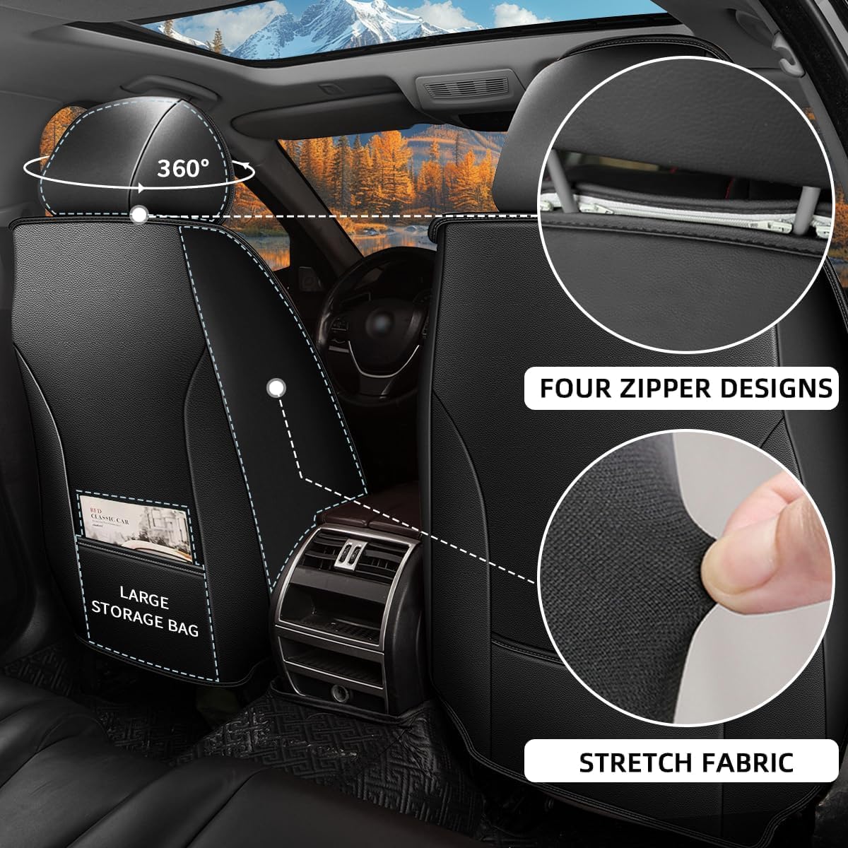 Car Seat Covers Full Set Fit for Toyota Prius 2003-2015 Faux Leather Seat Cushion with Lumbar Support Airbag Compatible Automotive Interior Accessories (Black & Grey)