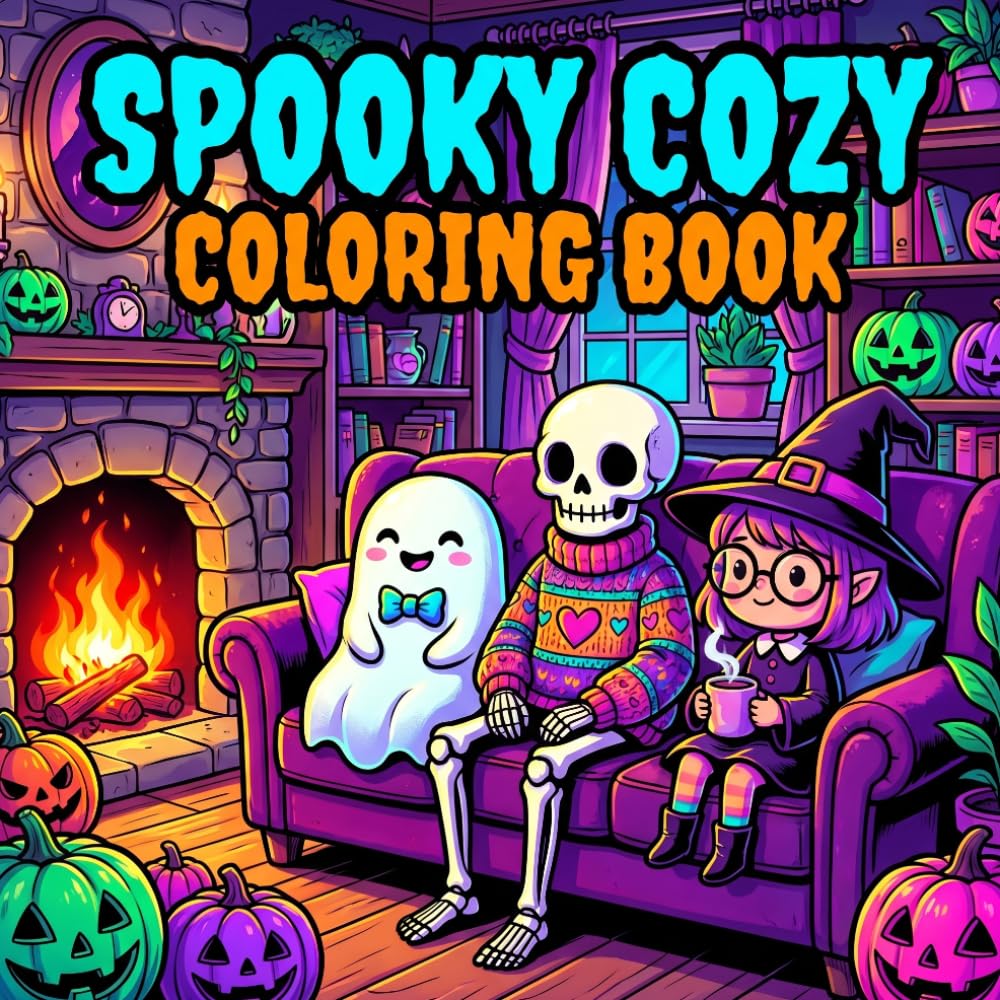 Spooky Cozy Coloring Book: Bold and Easy Coloring Pages for Adults and Kids, Featuring Cute Ghosts, Friendly Skeletons, and Vibrant Aesthetic Scenes for Stress Relief and Relaxation.