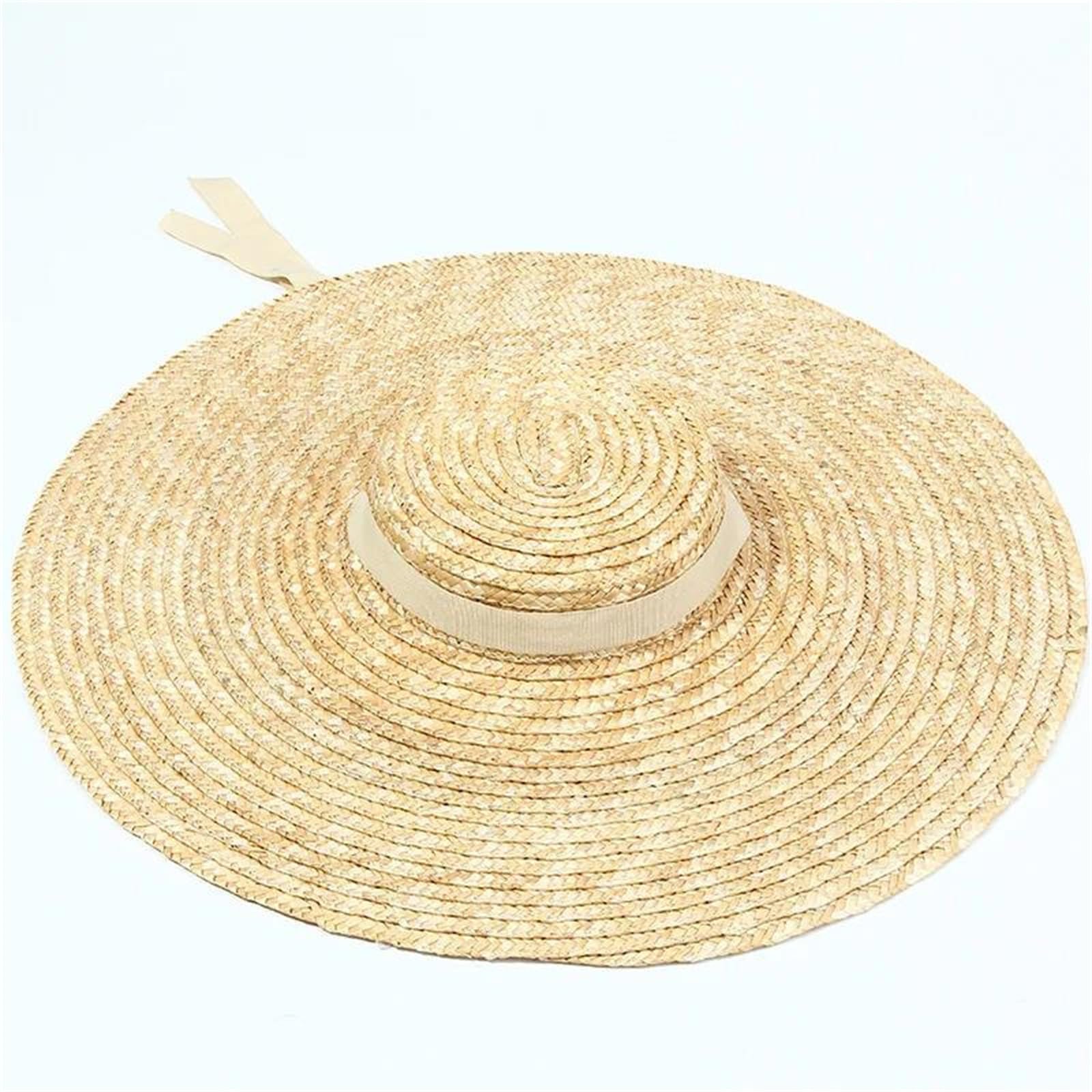 Sombrero de paja de ala ancha para mujer, parte superior plana, sombreros de playa de verano, gorra de viaje