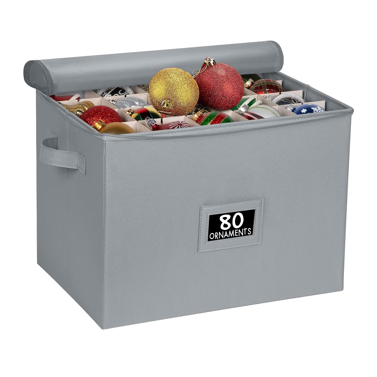 Holdn’ Storage Grey Christmas Ornament Storage Container With Dividers – Extra Large Box Stores Up To 80-3" Ornaments, Convenient, Adjustable Heavy Duty Durable 600D, Organizer Bin To Protect And Store Holiday Décor