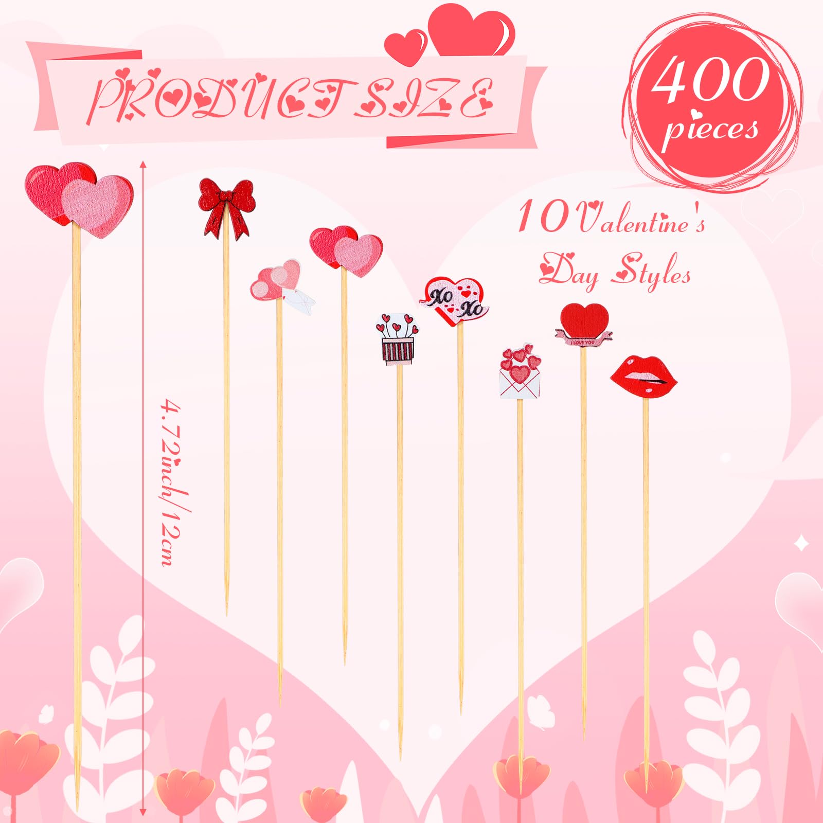 Soaoo 400 Counts Valentine's Day Heart Shaped Cocktail Picks 4.72 Inches Disposable Bamboo Appetizers Skewers Sticks Long Toothpicks Fruit Sandwich Sticks for Valentine Festival Favor