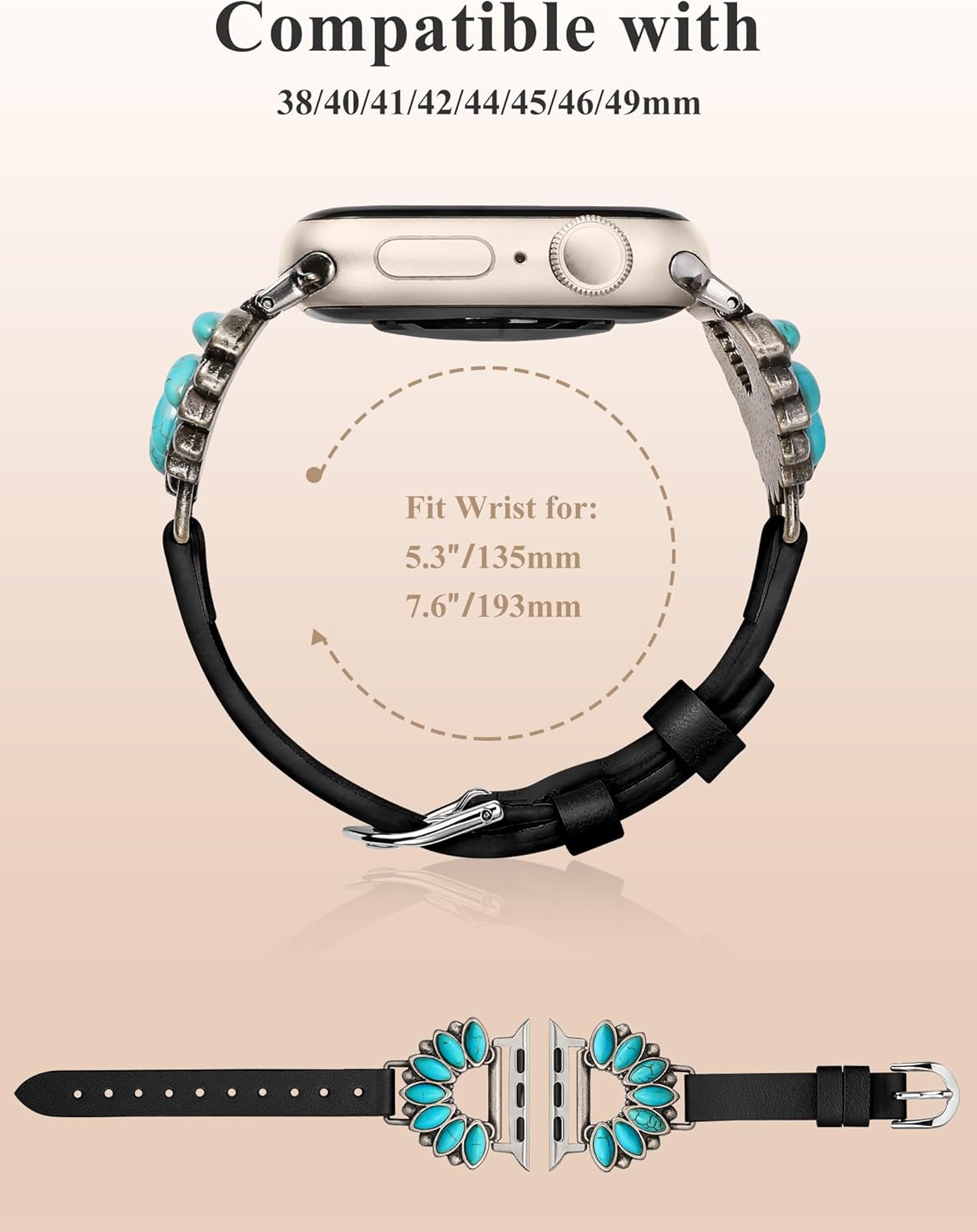 Moolia Boho Turquoise Strap Compatible with Apple Watch Band 42/41/40/38/46/45/44/49mm, Women Western Vintage Leather Strap Inlay for iWatch Series 11 10 9 8 7 6 5 4 3 2 1 SE/Ultra（1/2/3） - Image 4