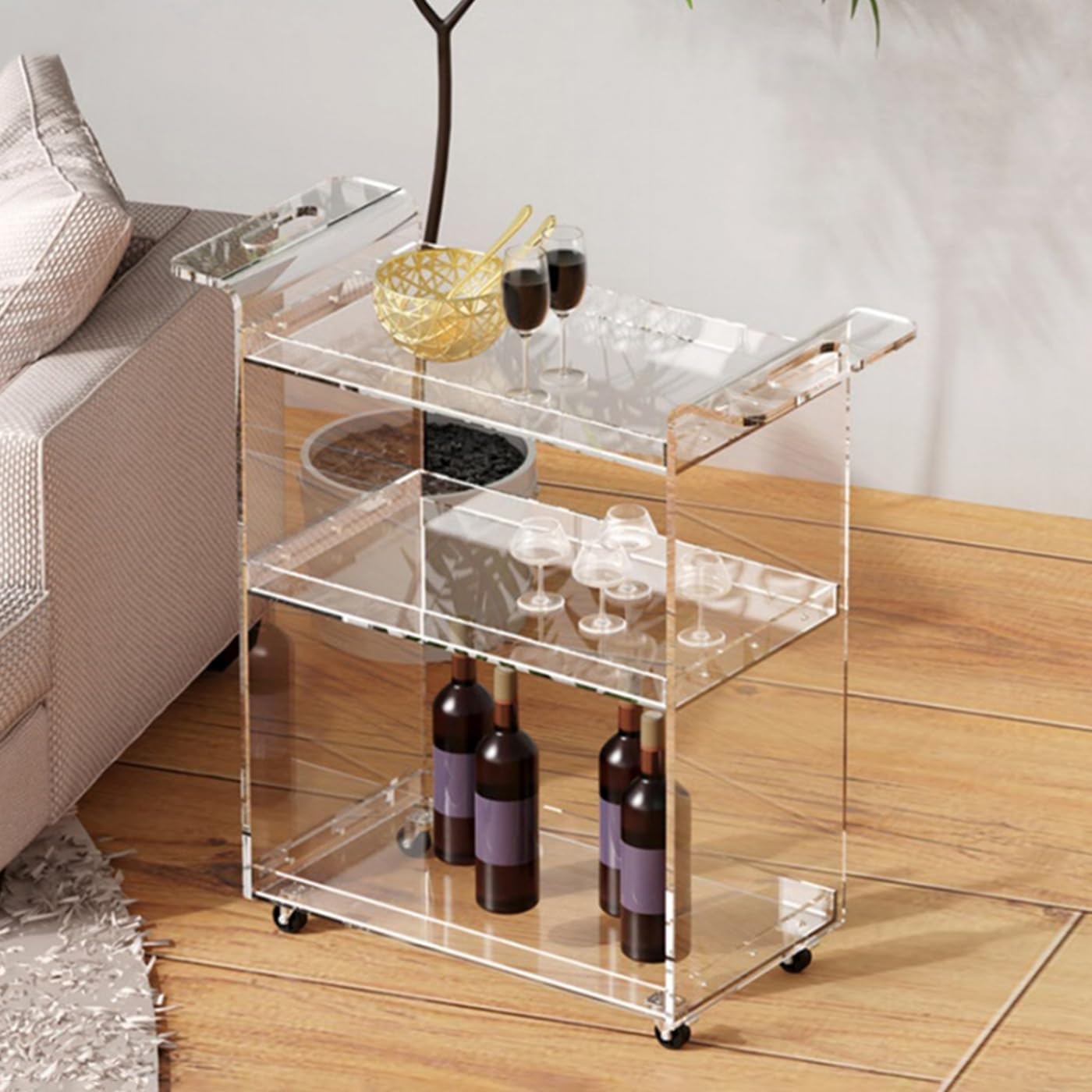 Gdrasuya10 Clear Acrylic Bar Cart Serving Cart with Wheels, 3 Tier Acrylic Utility Rolling Cart End Table Side Table Rolling Serving Cart Snack Table for Living Room Balcony Party