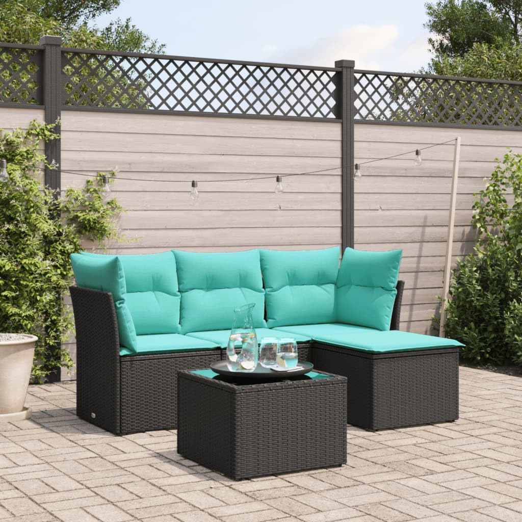 5 Piece Patio Sofa Set with Cushions Black Poly Rattan Patio Table and Chairs Set Garden Seating Ensemble for Garden Outdoor