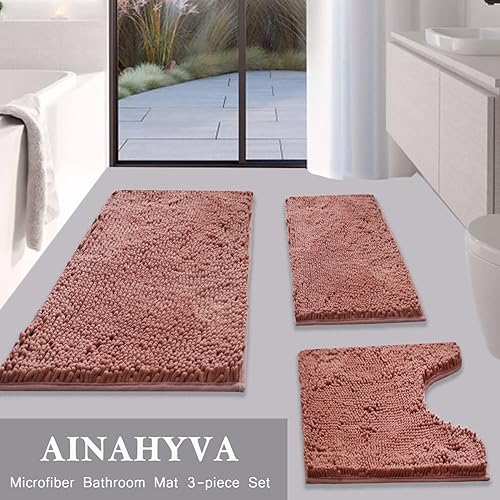 Miniatura 3 de Juego de 3 tapetes de baño de felpilla, superabsorbentes, parte trasera antideslizante de PVC fuerte, tapetes de baño para baño, felpa peluda,