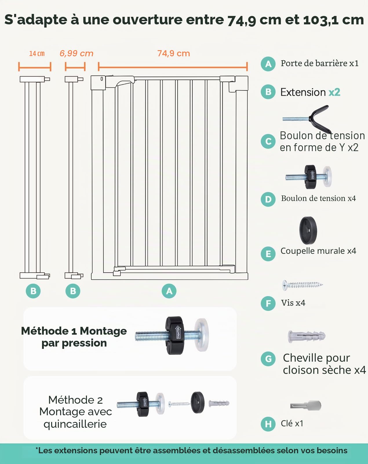 COMOMY Barriere de Securite Enfant Super Haute, 75-103cm Barriere Chien Escalier, sans Percage, Extensible, Fermeture Automatique, Monté sous Pression (Noir)