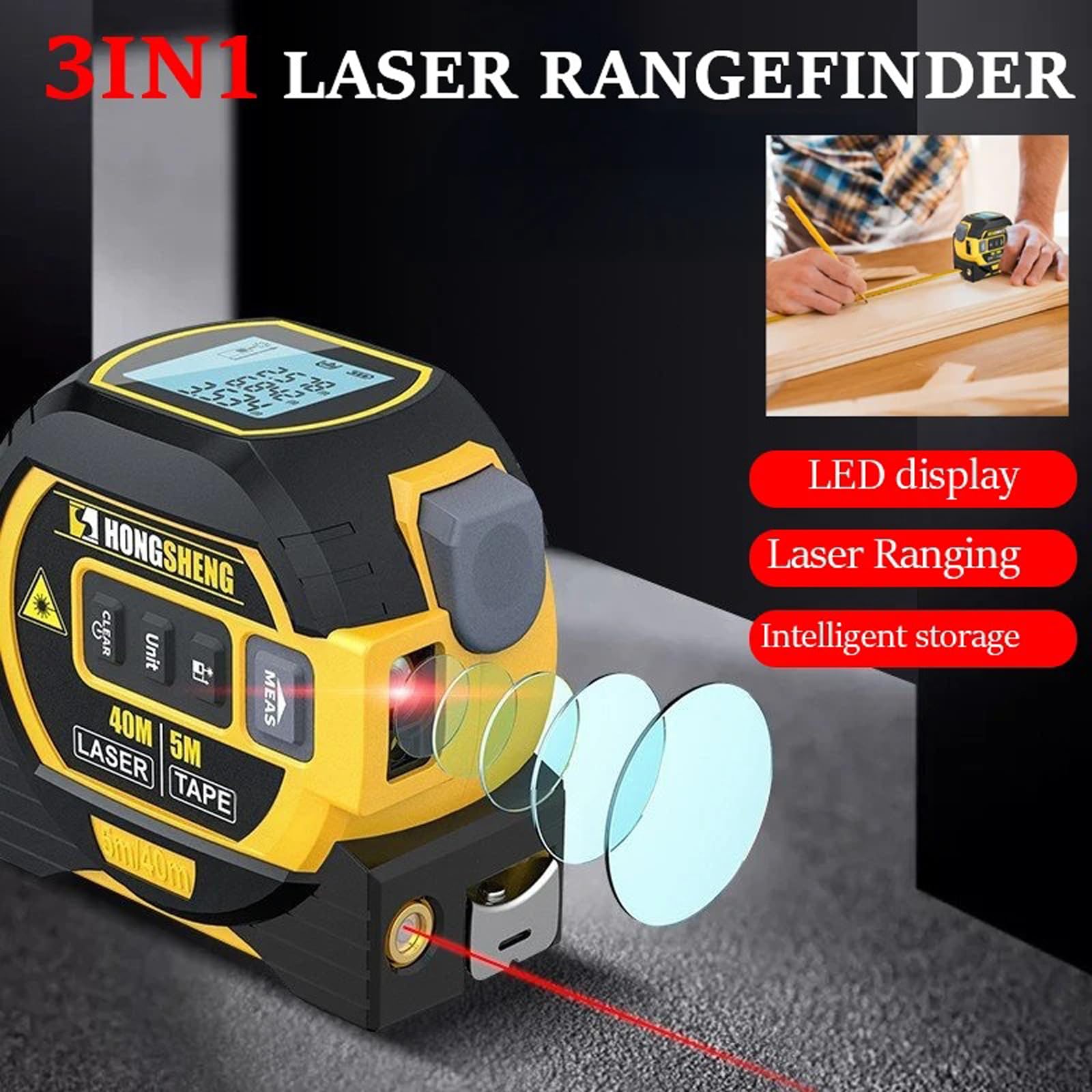 Cyfrowy celownik pomiarowy, Laserowa miarka na podczerwień z wyświetlaczem LED, Taśma miernicza 5M/40 Dalmierz laserowy 60M Laserowe znakowanie krzyżowe, Ręczne cyfrowe mierniki taśmowe/18 (Color : Y