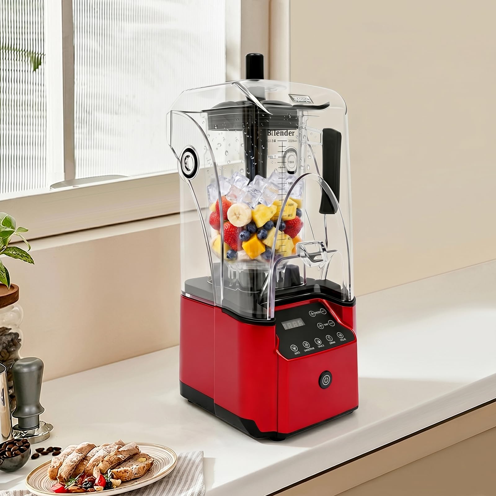 2200 W Smoothie Maker 2,2 l mikser o wysokiej wydajności z izolacją akustyczną | Młynek do miksera, blender komercyjny, 6 ostrzy, 9 stopni prędkości, timer 30-180 s, blender do lodu do kuchni