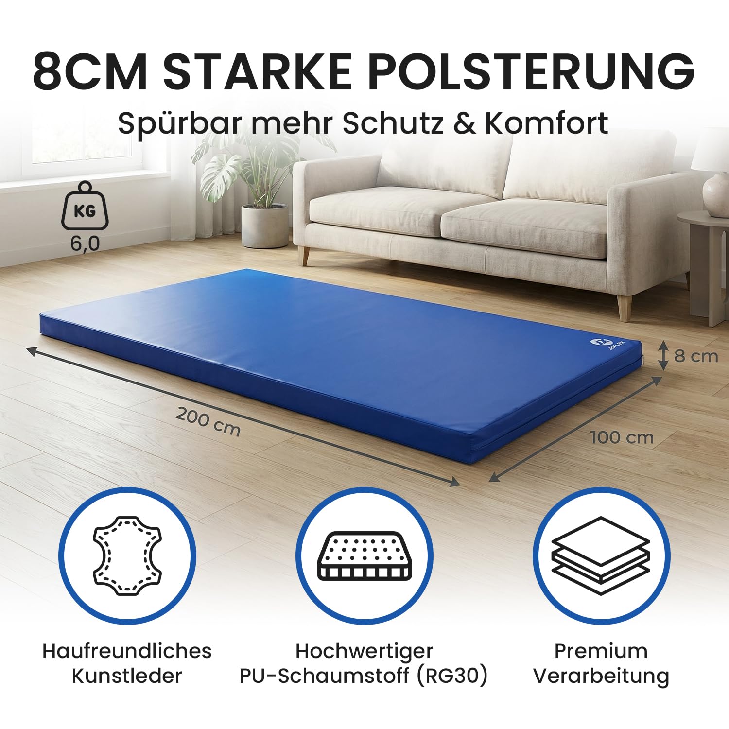 Jeflex - Weichbodenmatte & Turnmatte 200 x 100 x 8 cm MADE IN GERMANY/Gymnastikmatte tragbar/platzsparende Fitnessmatte & Yogamatte/Spielmatte für Kinderzimmer