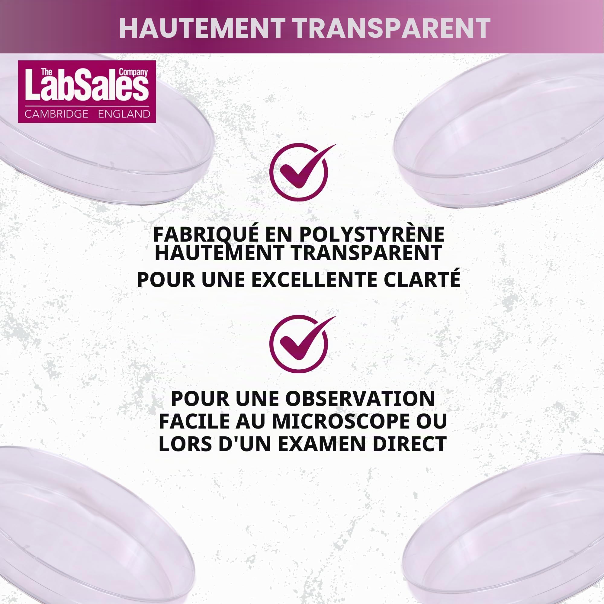 Labsales Lot de 20 boîtes de Petri stériles en plastique transparent non revêtues avec aération et couvercle, 90 mm x 15 mm de diamètre pour expériences scientifiques et laboratoires stériles et non
