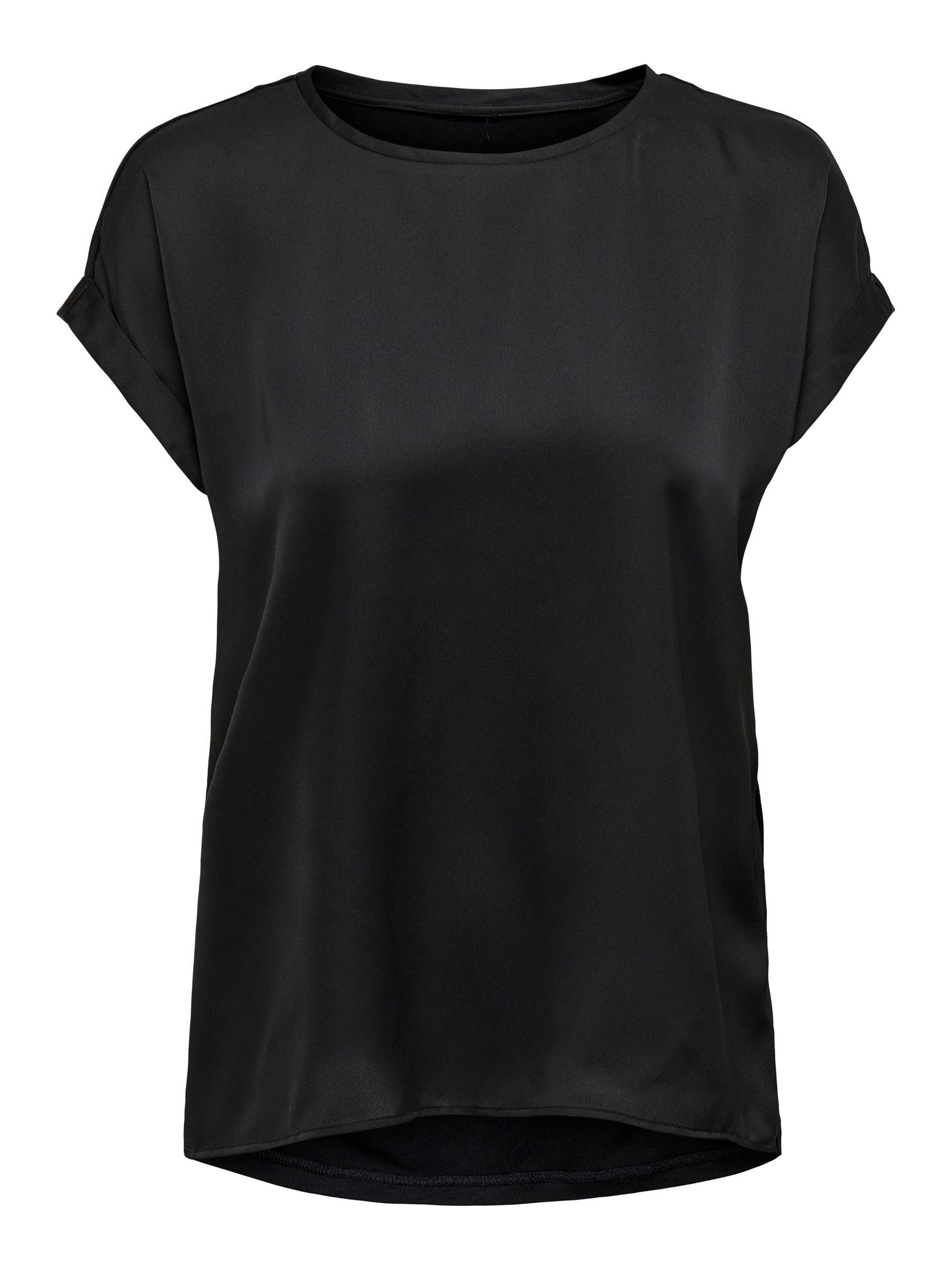 ONLY Women's Onllieke S/S Satin Mix Top WVN Noos Short-Sleeved Blouse, Black, S