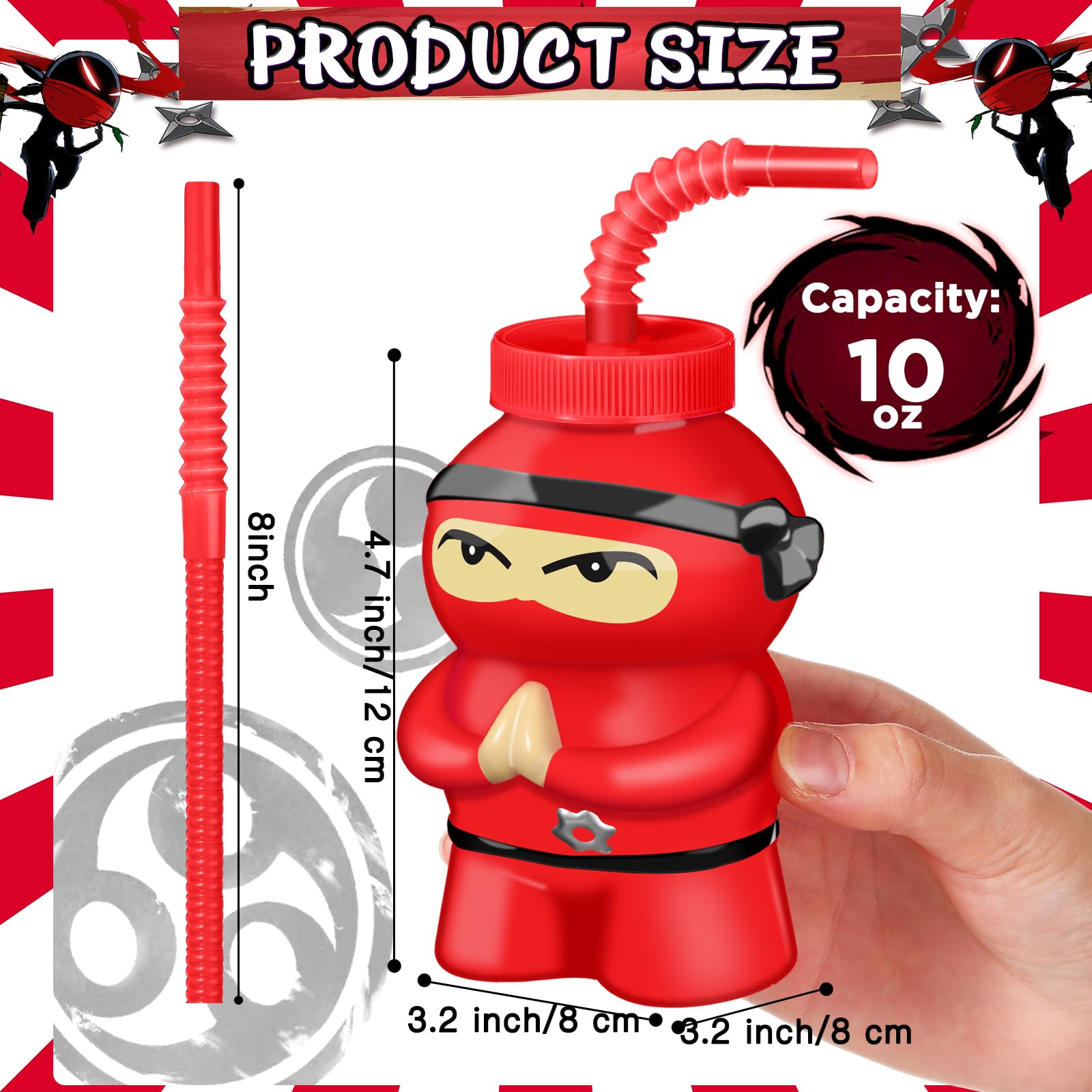 Layhit 12 Pcs Ninja Birthday Supplies Party Favor Cups 10 oz Ninja Plastic Cup Reusable Black and Red Cup Bulk for Kids Party Favor(Red, Black)