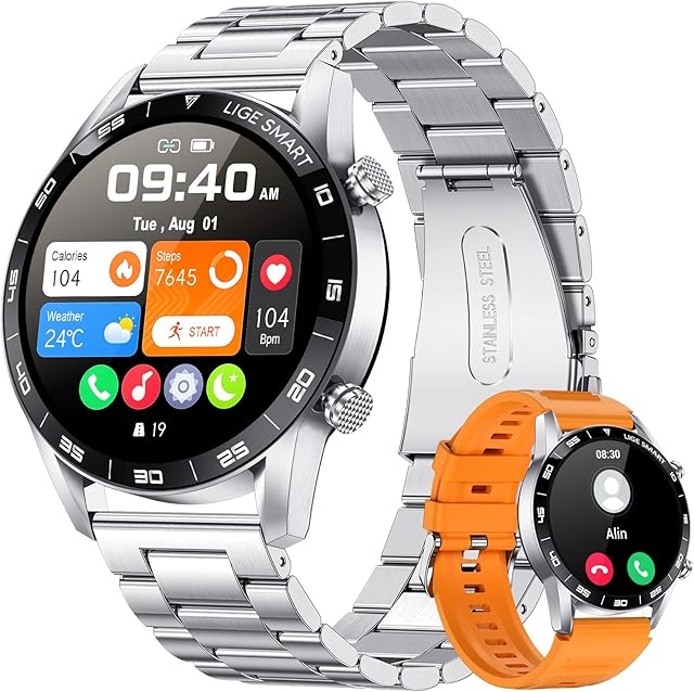 LIGE Smart Watches for Men,1.39''HD Screen with Phone Function, Pedometer/Health Activity Tracker, Mulit Sports Mode, IP67 Waterproof Smartwatch for Android iOS Silver Orange Stainless Steel