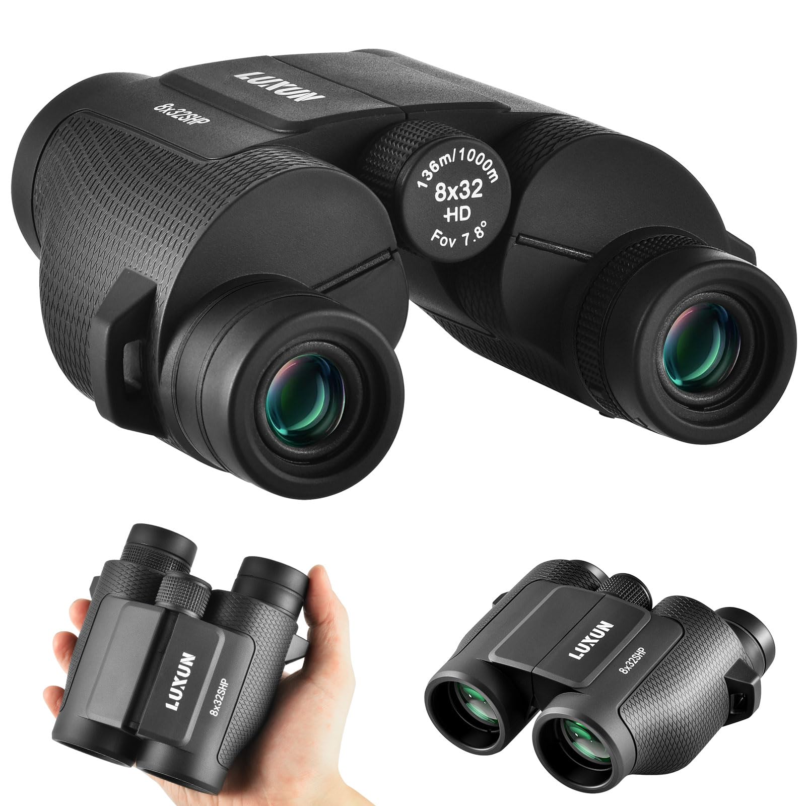 LUXUN 8 x 32 mała lornetka dla dorosłych, kompaktowa, ultrasharp, duży okulary do obserwacji ptaków, czarna