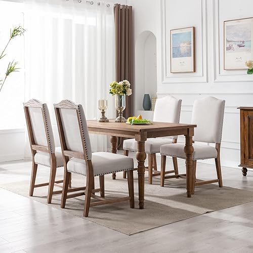 Miniatura 9 de ROCITY Juego de 2 sillas de comedor de lino tapizadas color beige, sillas laterales de cocina con patas de madera y ribete de cabeza de clavo
