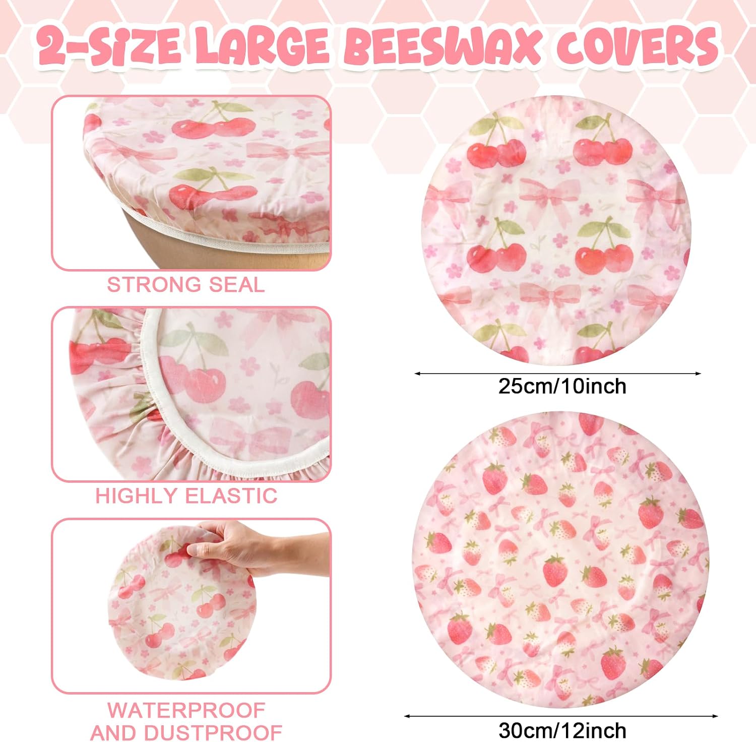 2-Pack Reusable Beeswax Bowl Covers with Pink Bow & Fruit Pattern, 10/12 Inch Elastic Cotton Food Storage Covers for Bread Proofing, Sourdough Dough & Kitchen Containers