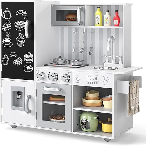 HONEY JOY Juego de cocina para niños, juego de cocina de madera con pizarra y dispensador de agua, estufa iluminada, armario de almacenamiento,