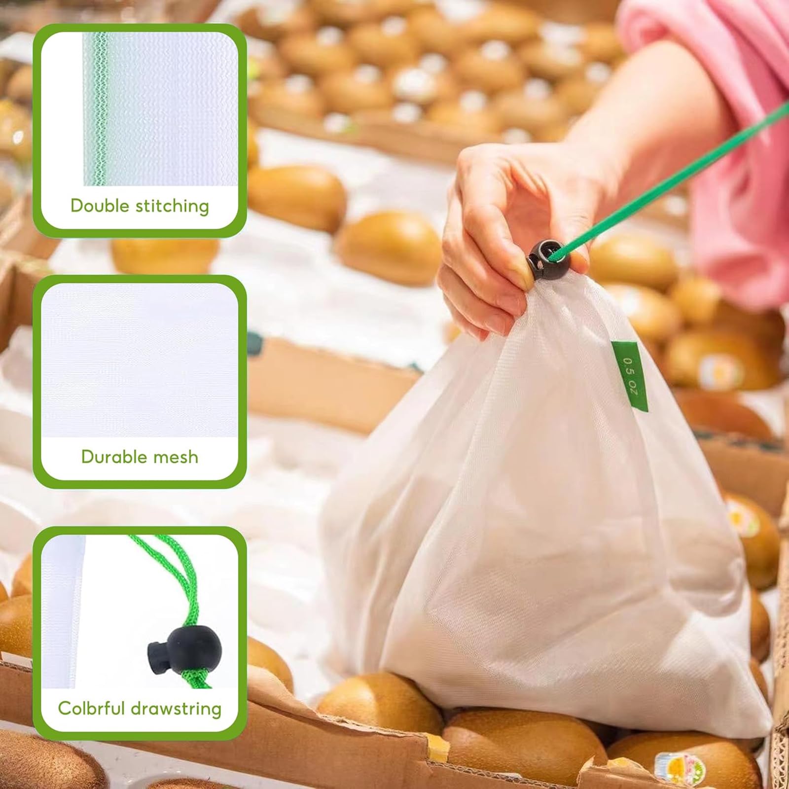 Sacs en Filet Réutilisables 8 PCS pour Fruits et Légumes avec Cordon de Serrage