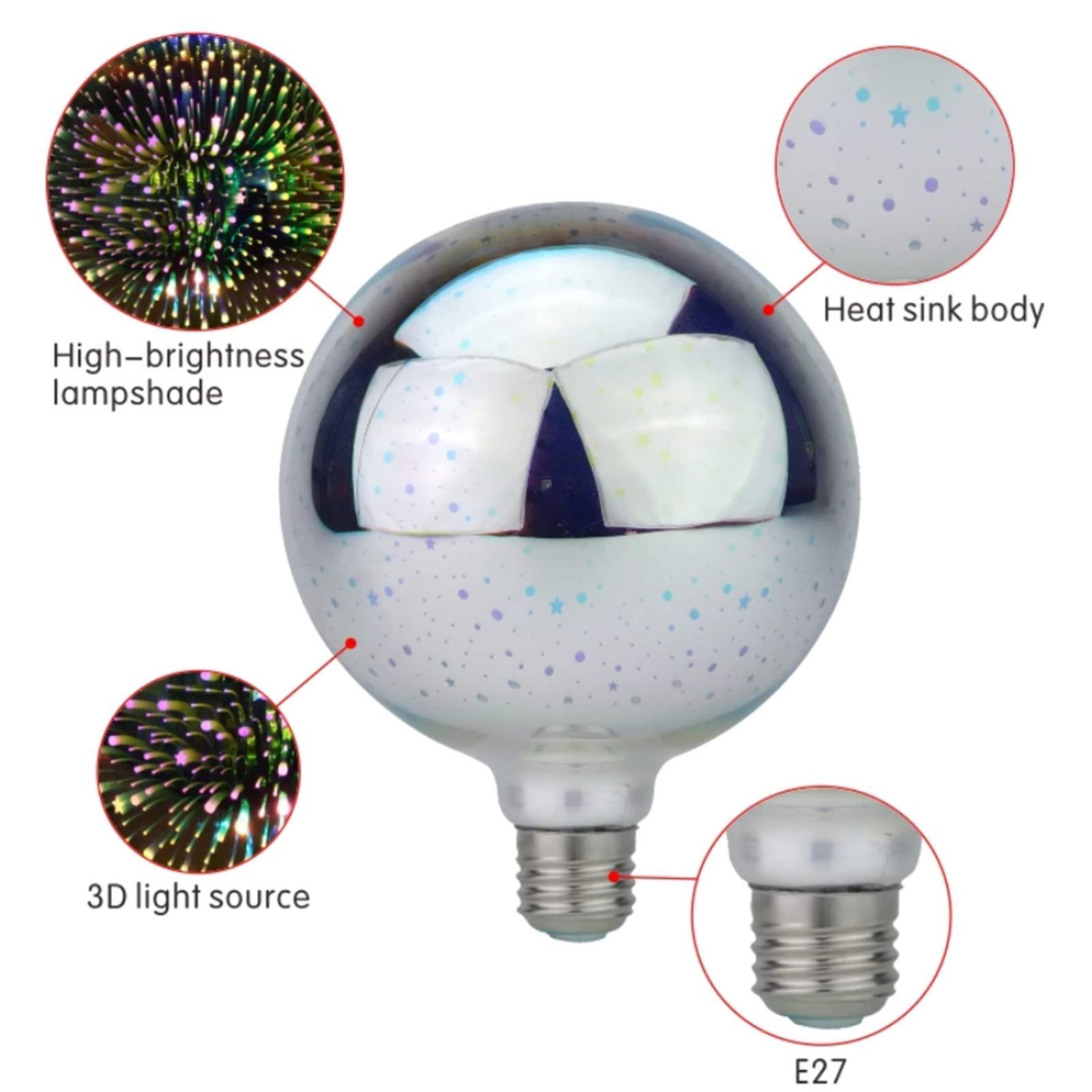 Ampoule Edison Source lumière LED Feux d'artifice 3D Ampoule décorative E27 G95 4W, utilisée l'éclairage d'ambiance décoratif, 6 paquets, blanc chaud