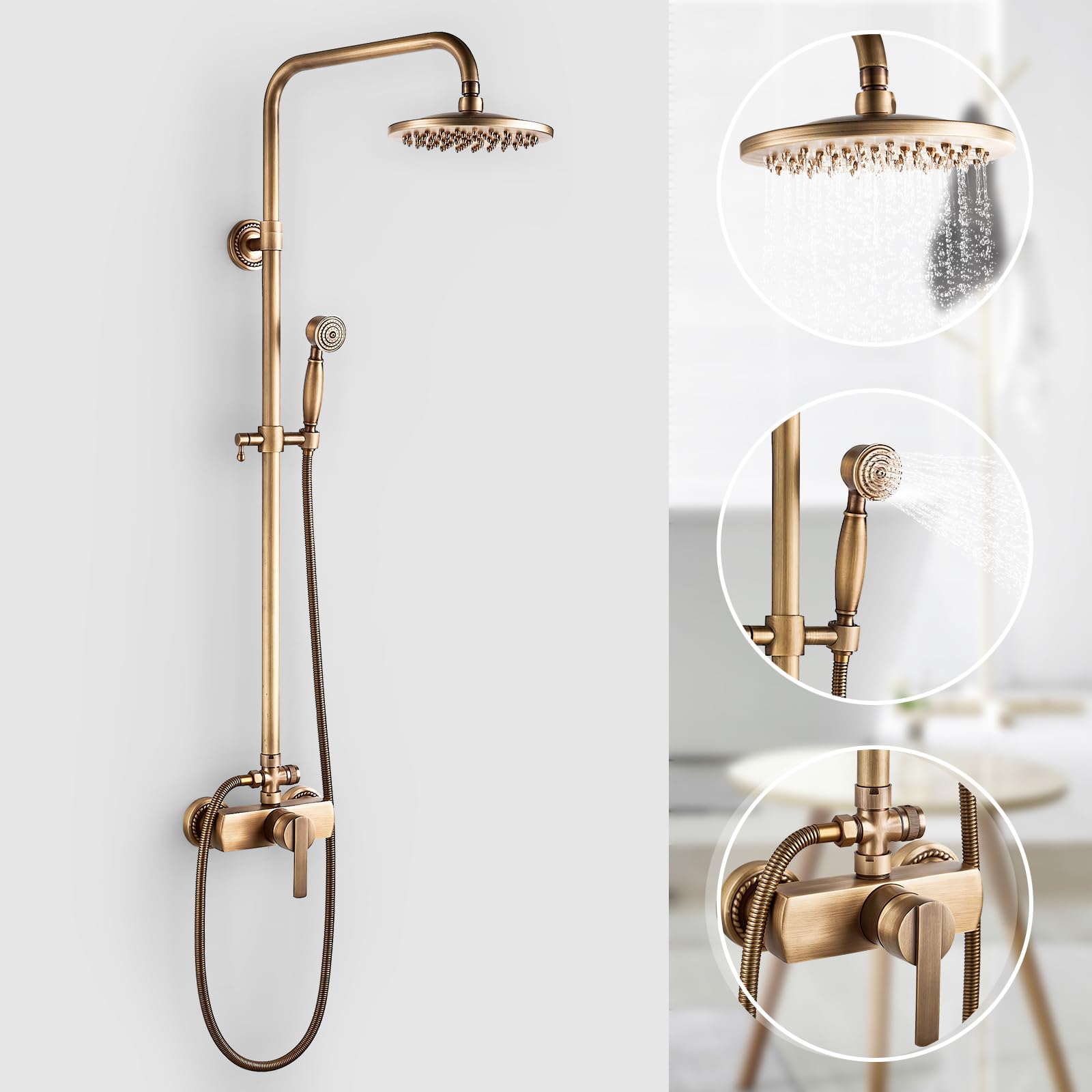 Columna Ducha Latón Retro Set De Ducha Antiguo Sistema de Ducha, Altura Regulable 70-120cm, Columna de Ducha con Cabezal de Ducha de Lluvia, Ducha de Mano, Grifo de Ducha Monomando