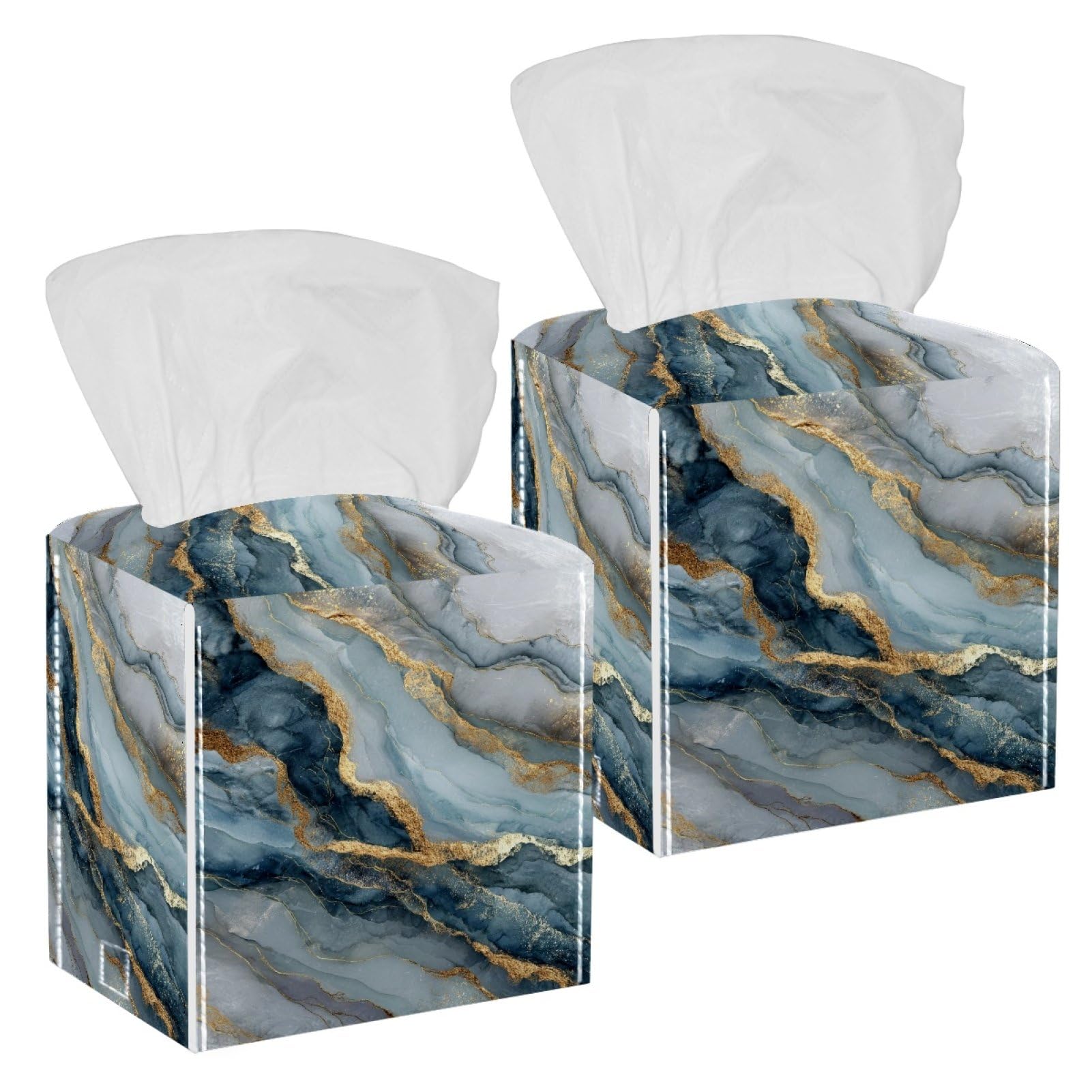 Marble Texture Tissue Box Cover, 2 Pack PU Leather Square Facial Tissue Dispenser Box holder for Home Office Car