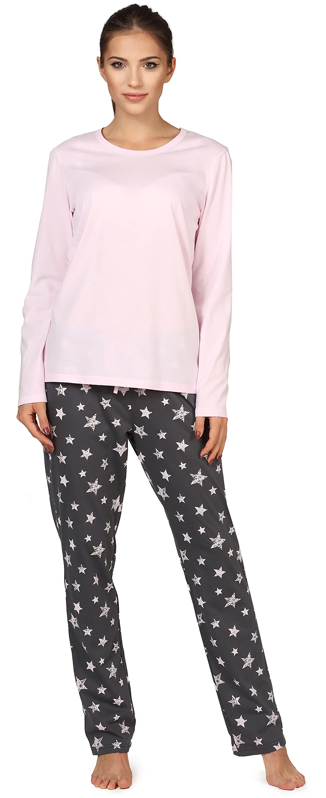 Bellivalini Damen Schlafanzug lang Pyjama Langarm Lange Hose Muster Sterne BLV50-167