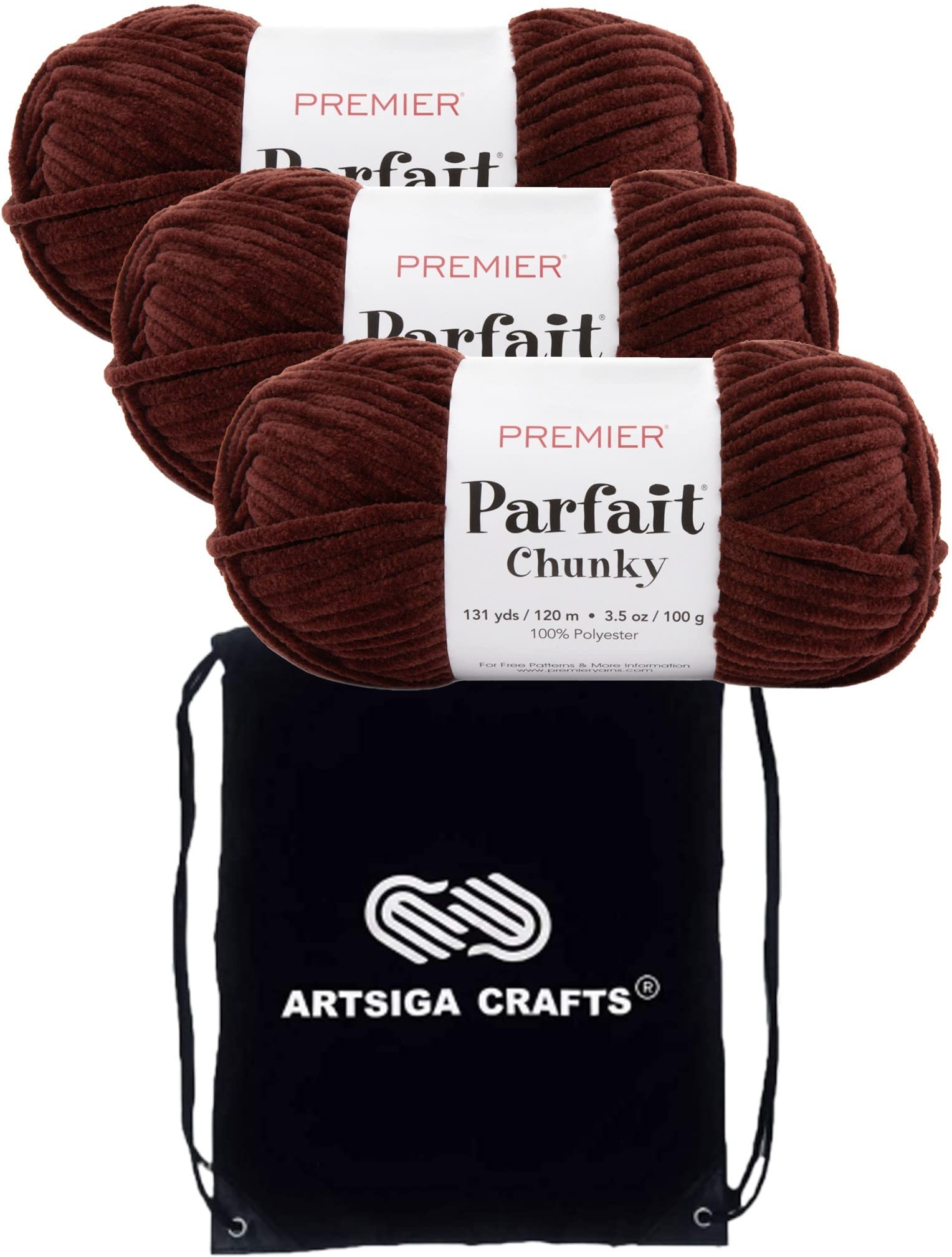 Premier Yarns Parfait Chunky Chocolate 1150-35 (3-Skeins - Same Dye Lot) Weight S Bulky #6 Polyester Yarn for Crocheting and Knitting with Project Bag